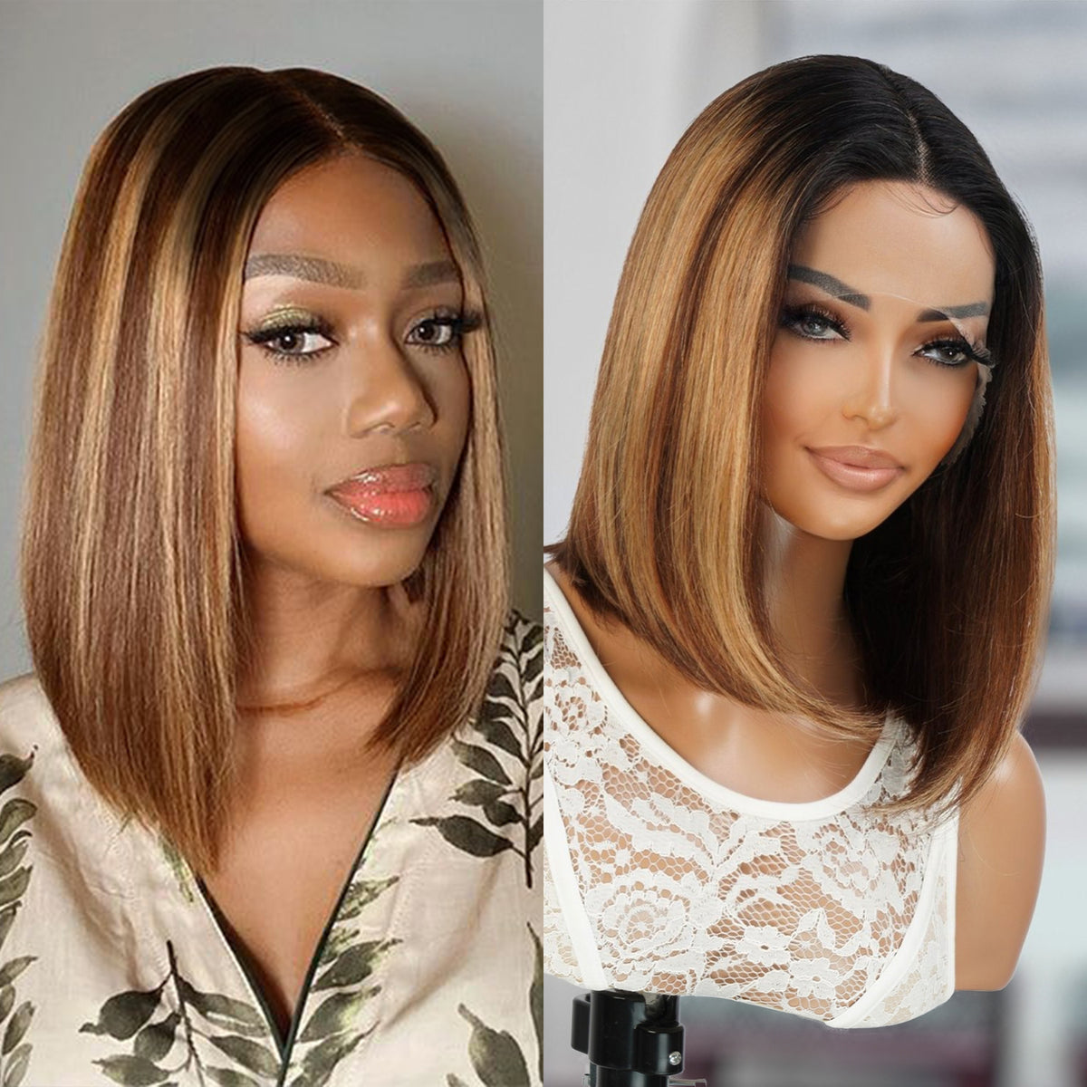 Virgin Brazilian Remy 100% Human Hair HD Lace Front Wig 13X5 T-Part Honey Blonde Chunky Highlight Bob