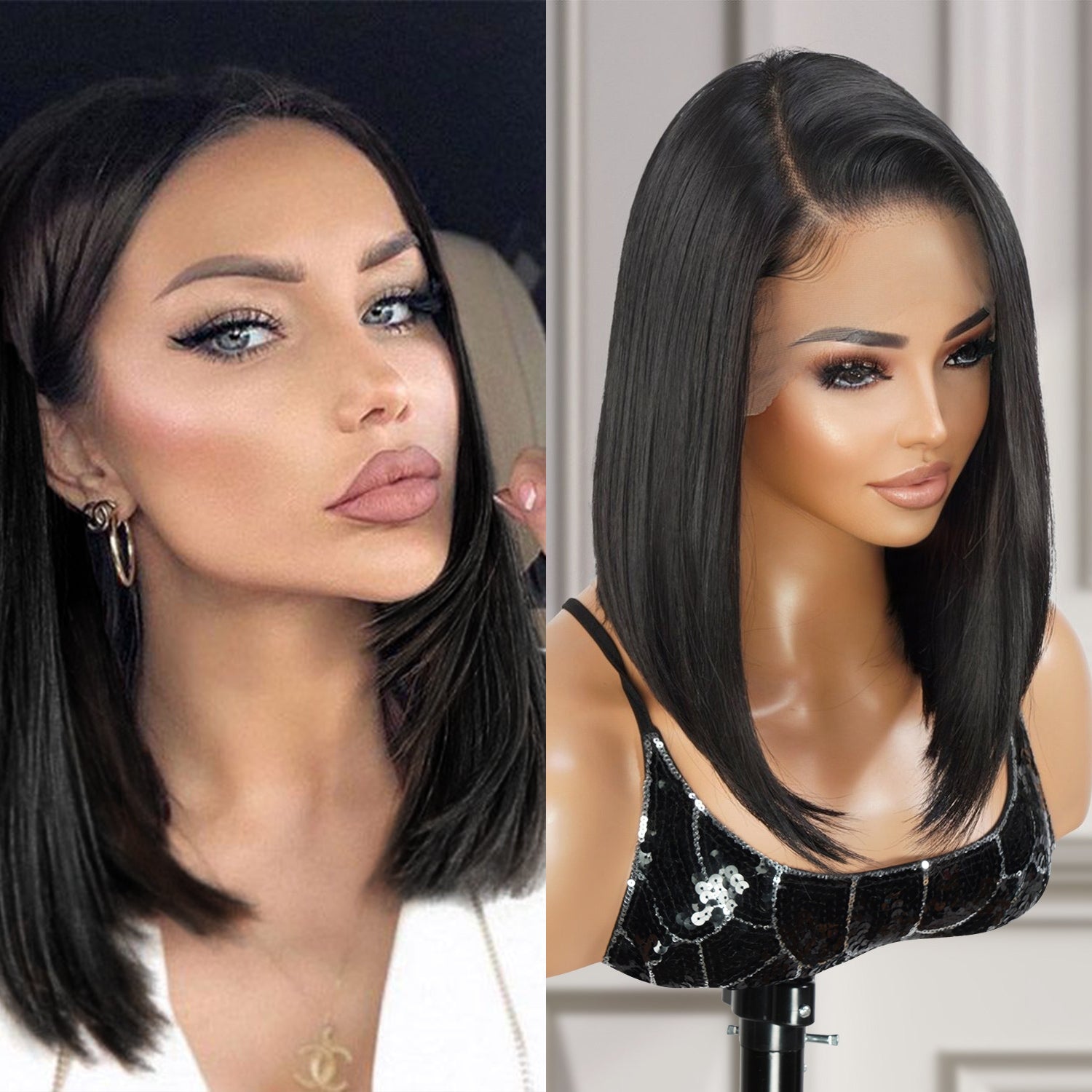 Multi-Parting, 13X6, Human Hair Blend, Frontal Wig, Invisible Lace, Pre-Plucked, Long Angled Bob, Shoulder-Length Bob,