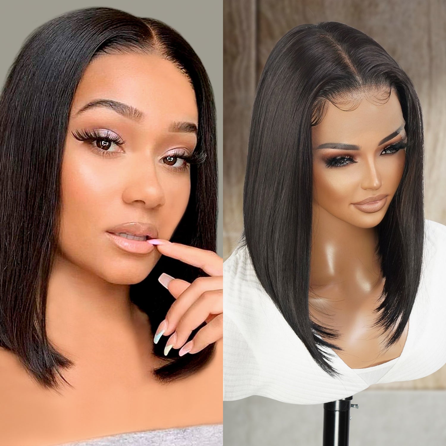 Multi-Parting, 13X6, Human Hair Blend, Frontal Wig, Invisible Lace, Pre-Plucked, Long Angled Bob, Shoulder-Length Bob,