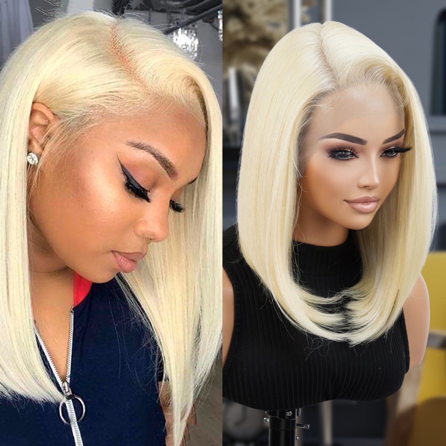 Multi-Parting, 13X6, Human Hair Blend, Frontal Wig, Invisible Lace, Pre-Plucked, Long Angled Bob, Shoulder-Length Bob,