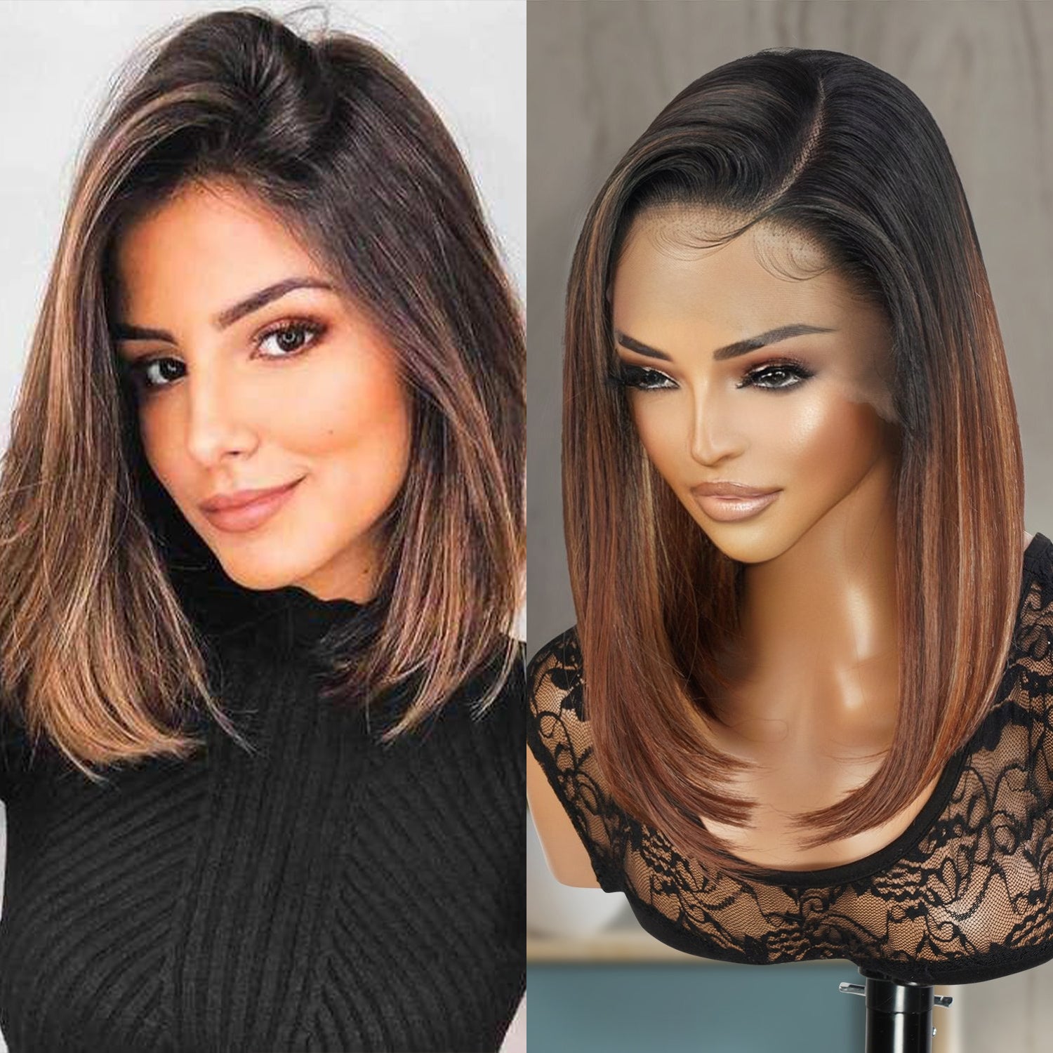 Multi-Parting, 13X6, Human Hair Blend, Frontal Wig, Invisible Lace, Pre-Plucked, Long Angled Bob, Shoulder-Length Bob,