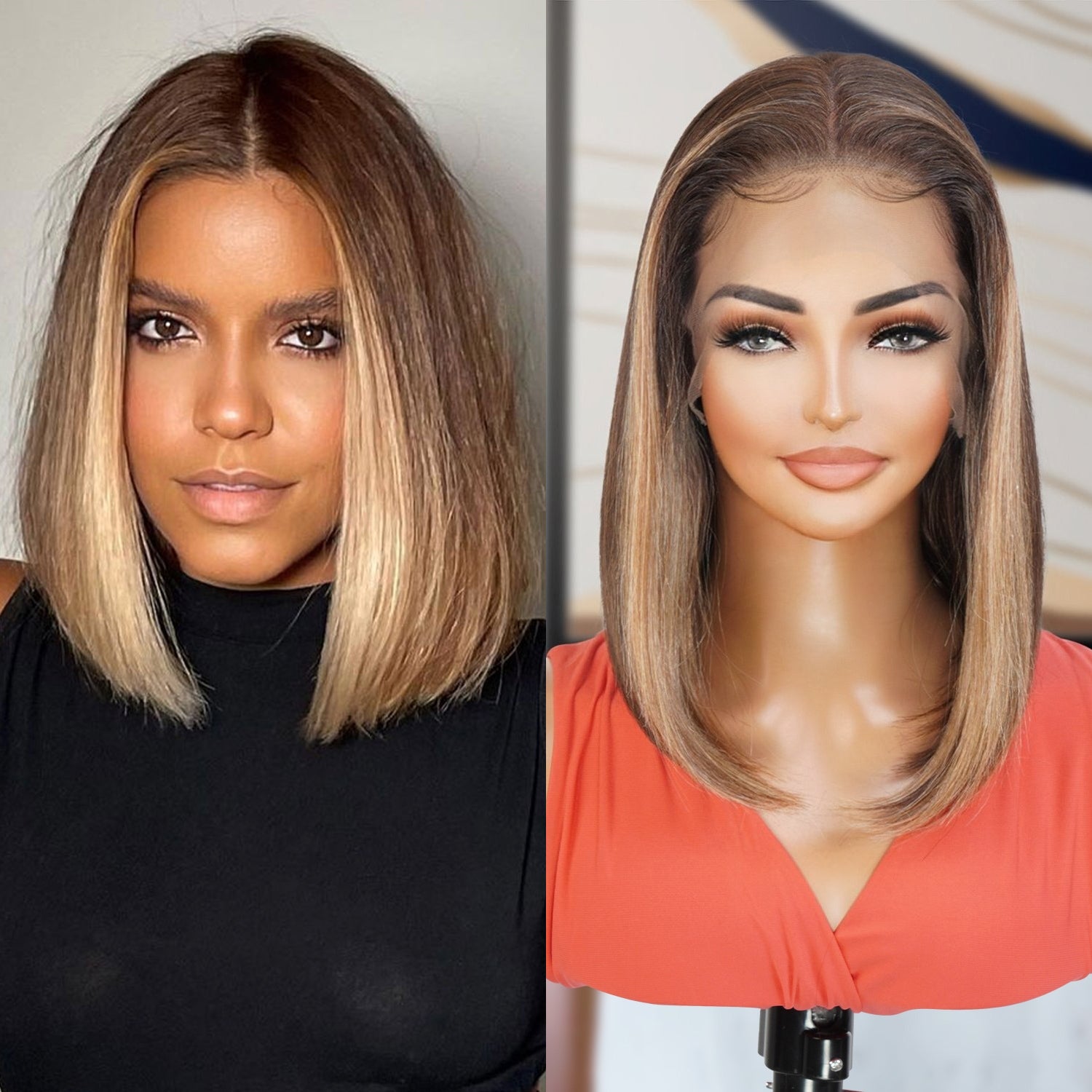 Multi-Parting, 13X6, Human Hair Blend, Frontal Wig, Invisible Lace, Pre-Plucked, Long Angled Bob, Shoulder-Length Bob,