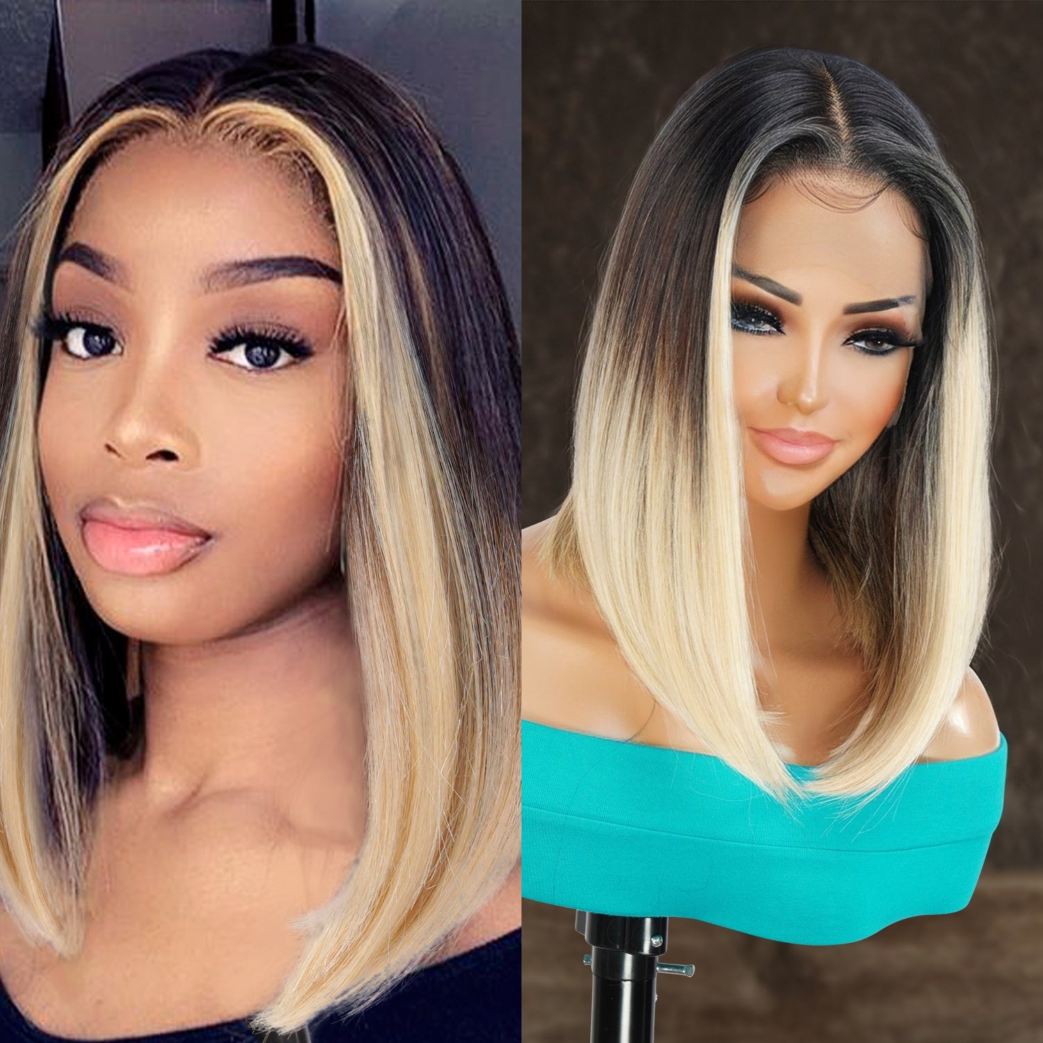 Multi-Parting, 13X6, Human Hair Blend, Frontal Wig, Invisible Lace, Pre-Plucked, Long Angled Bob, Shoulder-Length Bob,