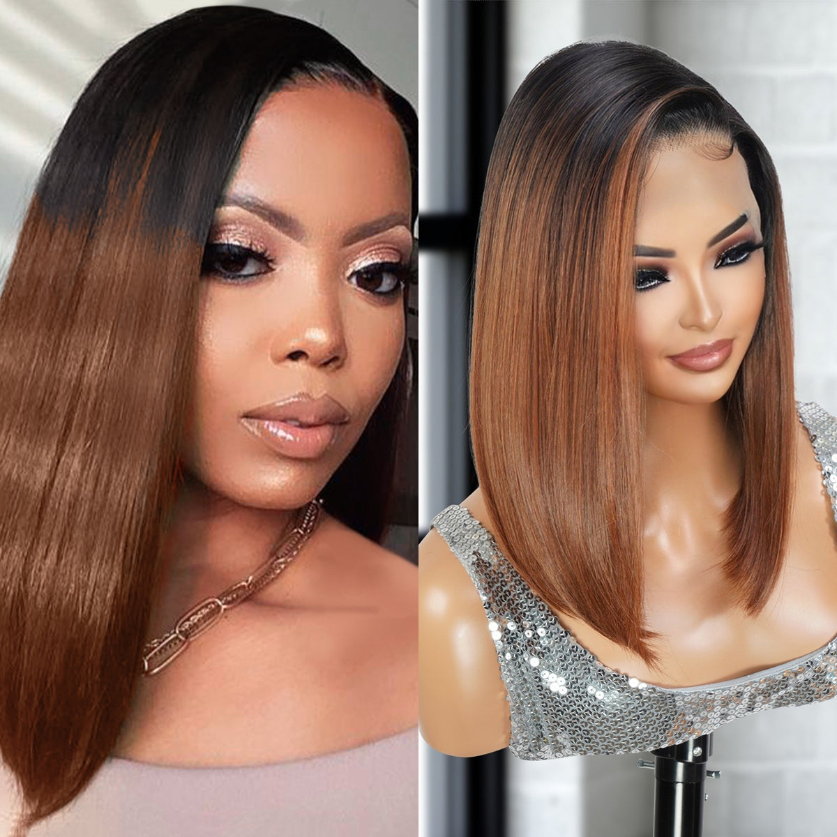 Multi-Parting, 13X6, Human Hair Blend, Frontal Wig, Invisible Lace, Pre-Plucked, Long Angled Bob, Shoulder-Length Bob,