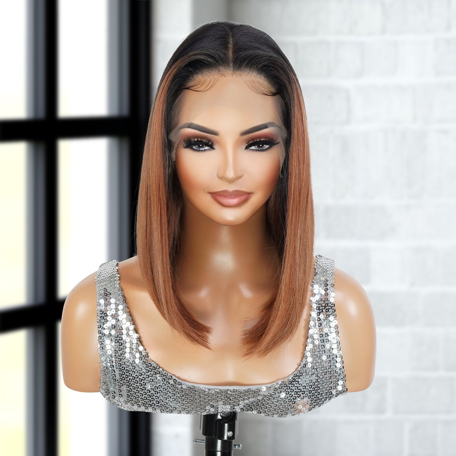 Multi-Parting, 13X6, Human Hair Blend, Frontal Wig, Invisible Lace, Pre-Plucked, Long Angled Bob, Shoulder-Length Bob,