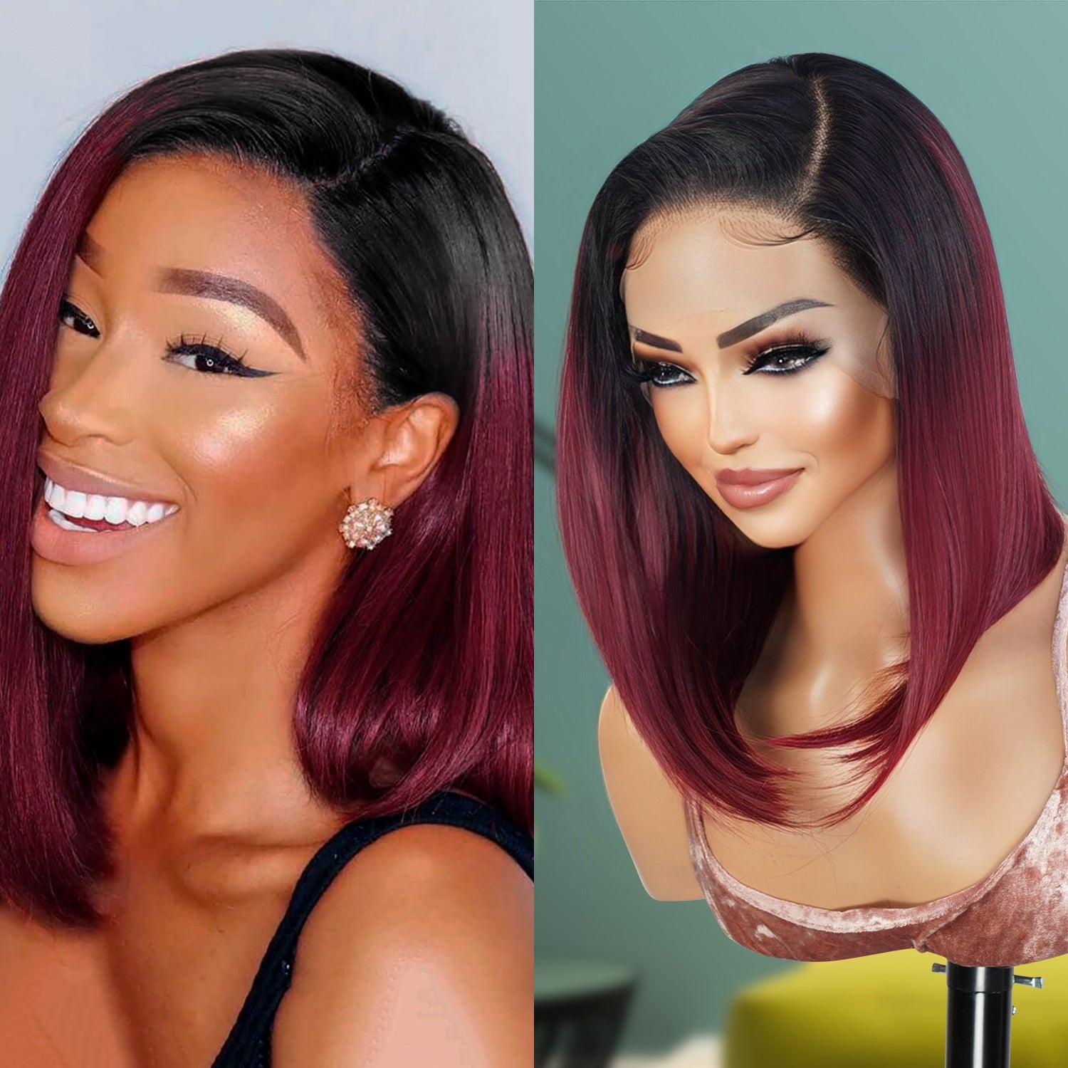 Multi-Parting, 13X6, Human Hair Blend, Frontal Wig, Invisible Lace, Pre-Plucked, Long Angled Bob, Shoulder-Length Bob,