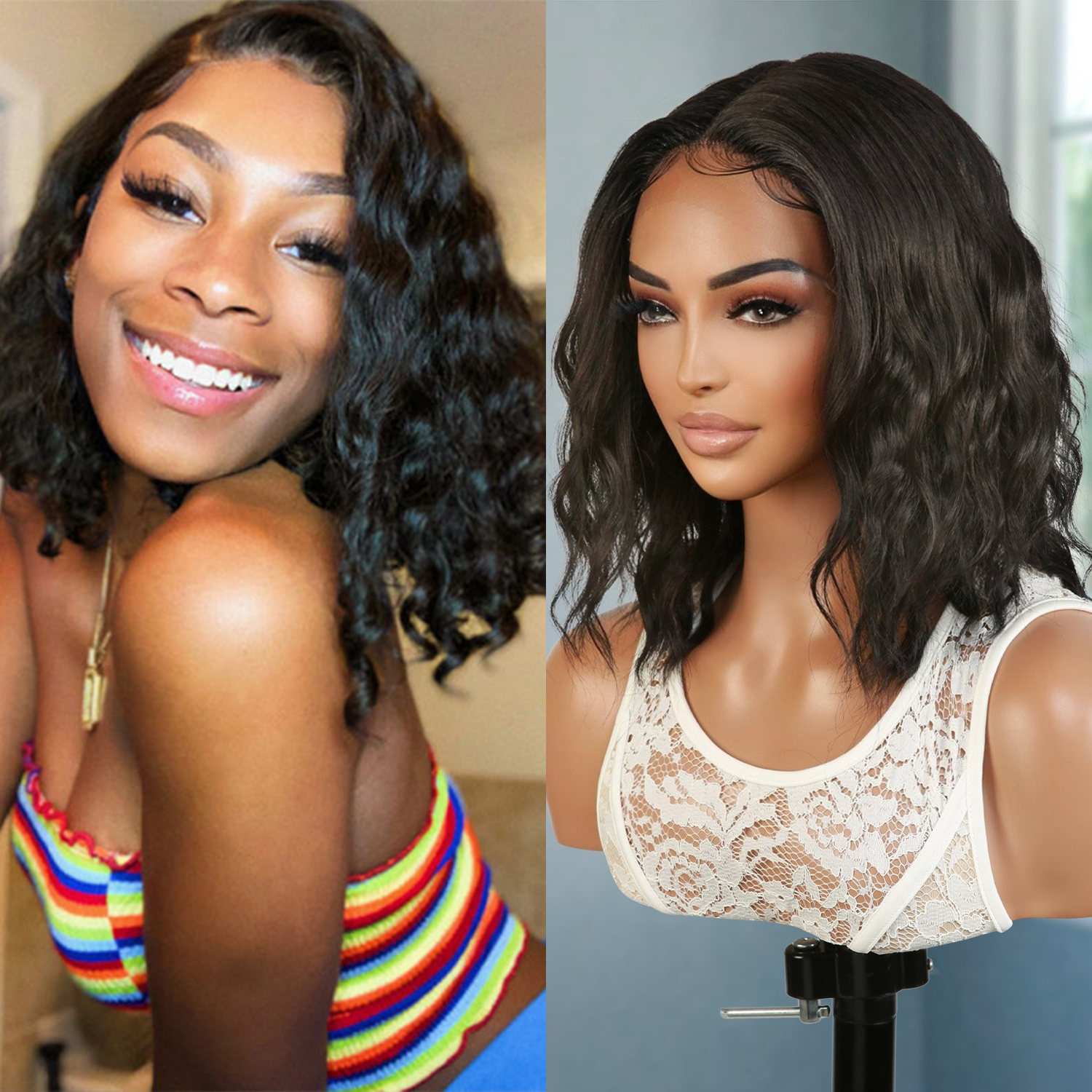 Introducing our gorgeous loose deep wave layered bob wig! Made with heat-resistant synthetic fibers, this wig features a middle part Swiss lace front for a natural-looking hairline. With a 12-inch length and curly wavy style, it adds volume and dimension to your hair. The layered bob cut adds a trendy touch. Perfect for black women, this easy-to-wear and style wig is a must-have. Shop now for ultimate style and versatility!