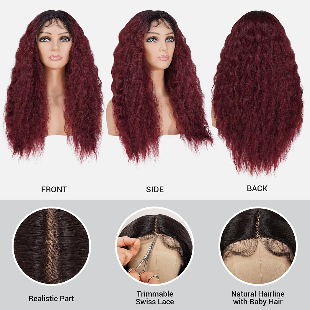 Introducing our long wavy loose deep wave Soft Swiss lace front wig! Made with high-quality heat-resistant synthetic fibers, this wig features a 4.5" deep middle center part for a natural-looking hairline. The adjustable straps provide a secure fit, while the soft Swiss lace front seamlessly blends with your natural hairline. Perfect for daily wear, cosplay, or parties. Shop now for style and versatility!