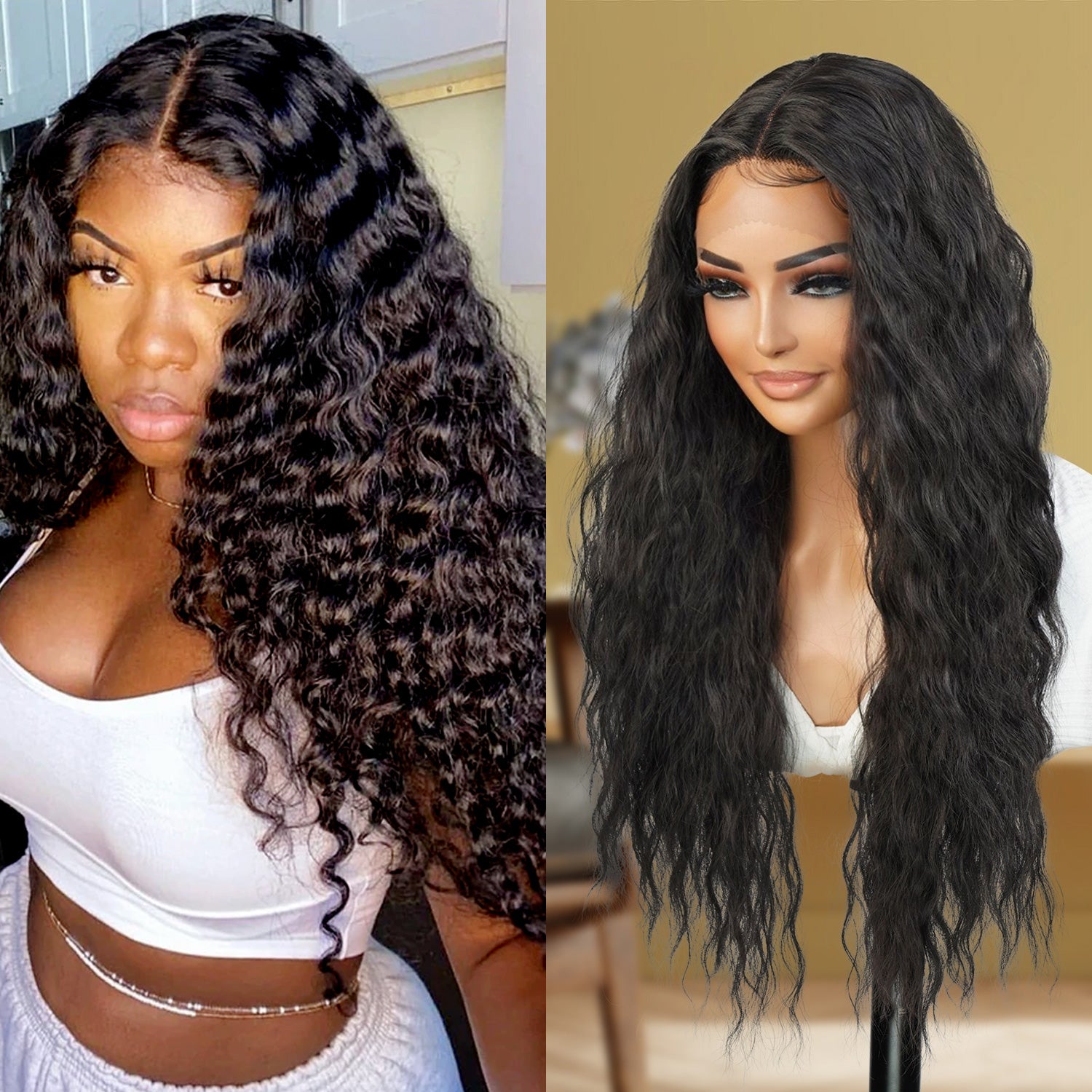 Introducing our long wavy loose deep wave Soft Swiss lace front wig! Made with high-quality heat-resistant synthetic fibers, this wig features a 4.5" deep middle center part for a natural-looking hairline. The adjustable straps provide a secure fit, while the soft Swiss lace front seamlessly blends with your natural hairline. Perfect for daily wear, cosplay, or parties. Shop now for style and versatility!