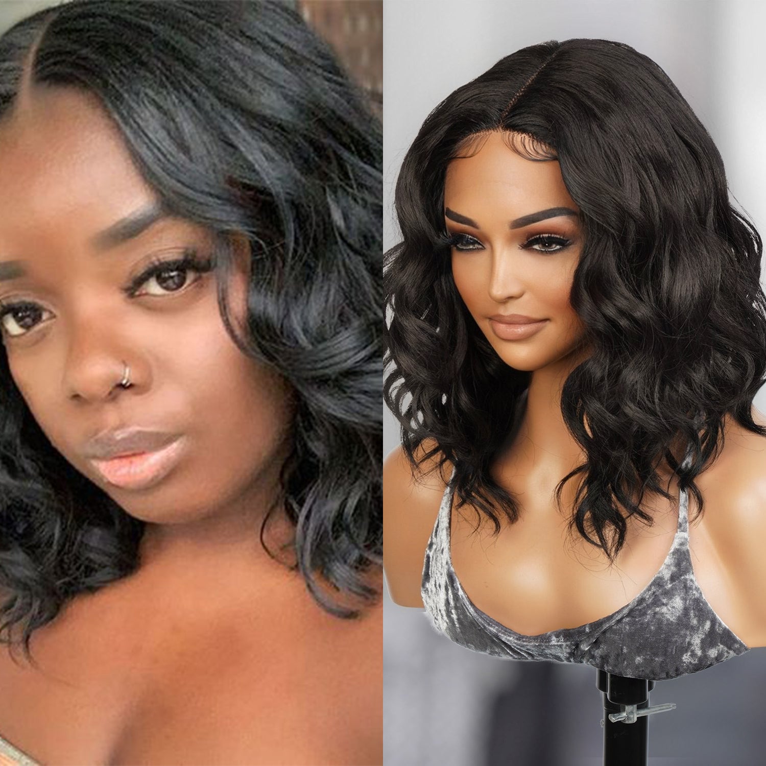Introducing our stunning loose deep wave bob wig! Made with high-quality heat-resistant synthetic fibers, this wig features a middle center part Swiss lace front design for a natural-looking hairline. The wavy curly style adds volume and dimension to your hair, while the 12-inch length and bob cut offer a trendy touch. Perfect for black women, this easy-to-wear and style wig is a must-have for any occasion. Shop now for ultimate style and versatility!