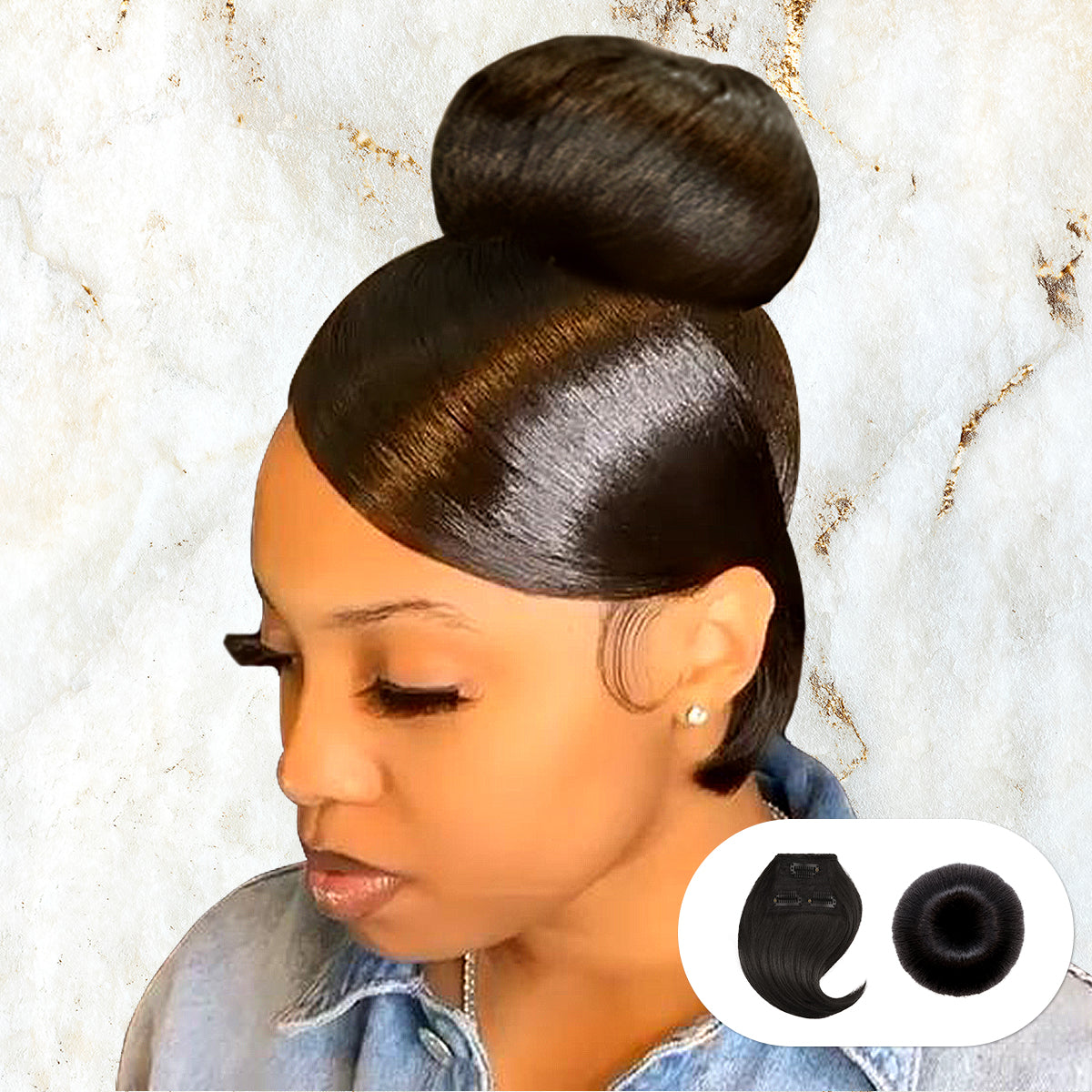Combination, Swoop Side Bang, Curtain Bang, Layered Bang, Hair Piece, Classic Glazed, Donut Bun, Medium Bun