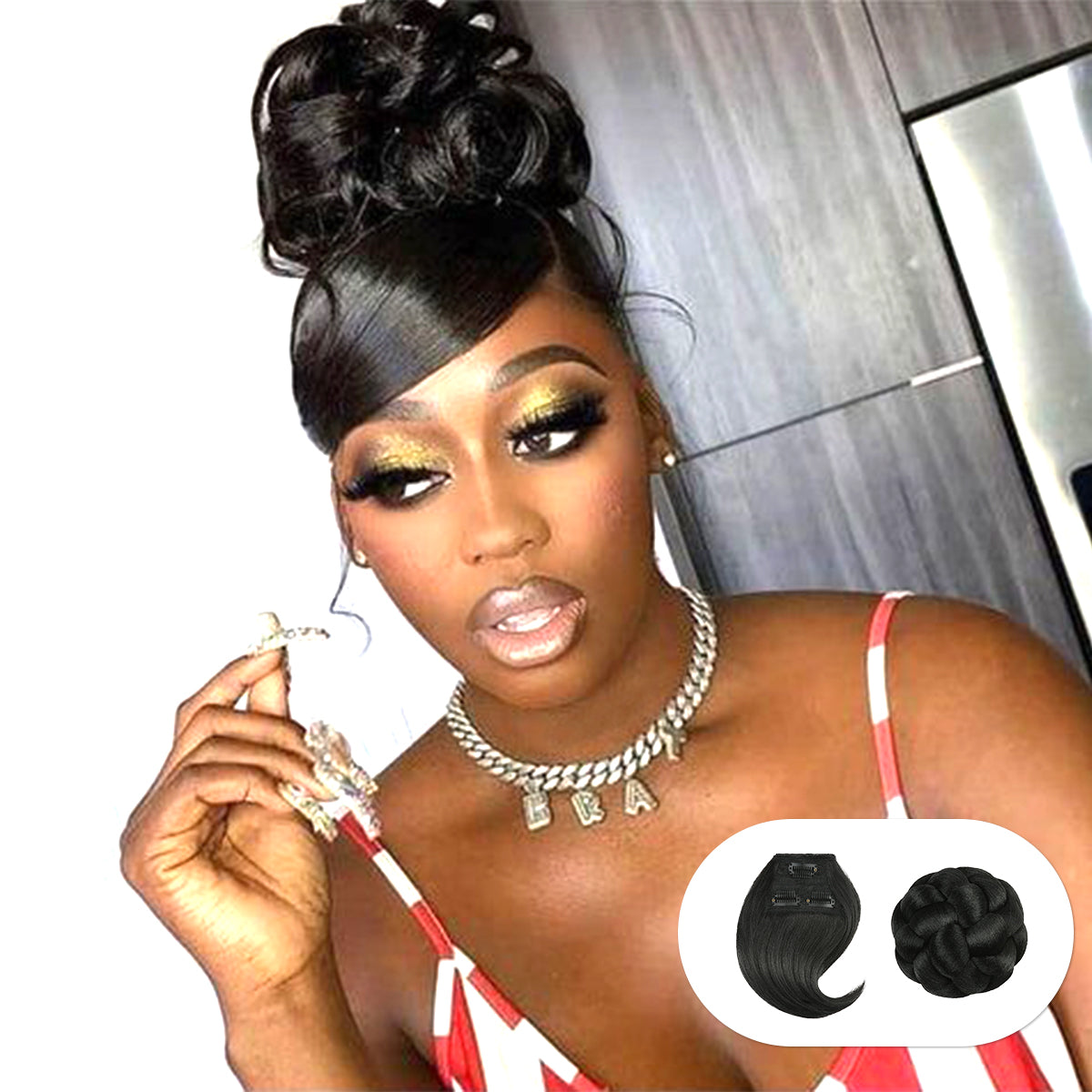 Combination, Swoop Side Bang, Curtain Bang, Layered Bang, Hair Piece, French Cruller, Pin Curl Updo, Cardi B, BAPS, Medium Bun