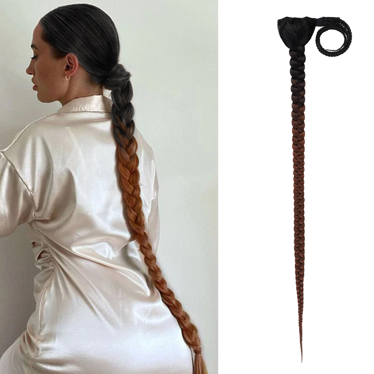 color OT30 braided ponytail, low braided ponytail look, dark root and brown end