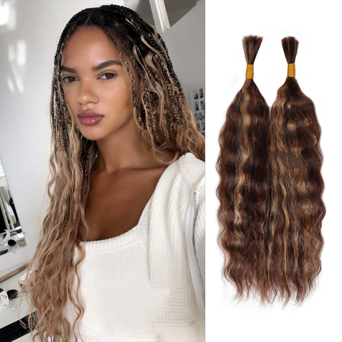 Starlet 100% Virgin Unprocessed Human Braiding Hair 4/27 Caramel Brown Highlight Wet & Wavy Super Bulk