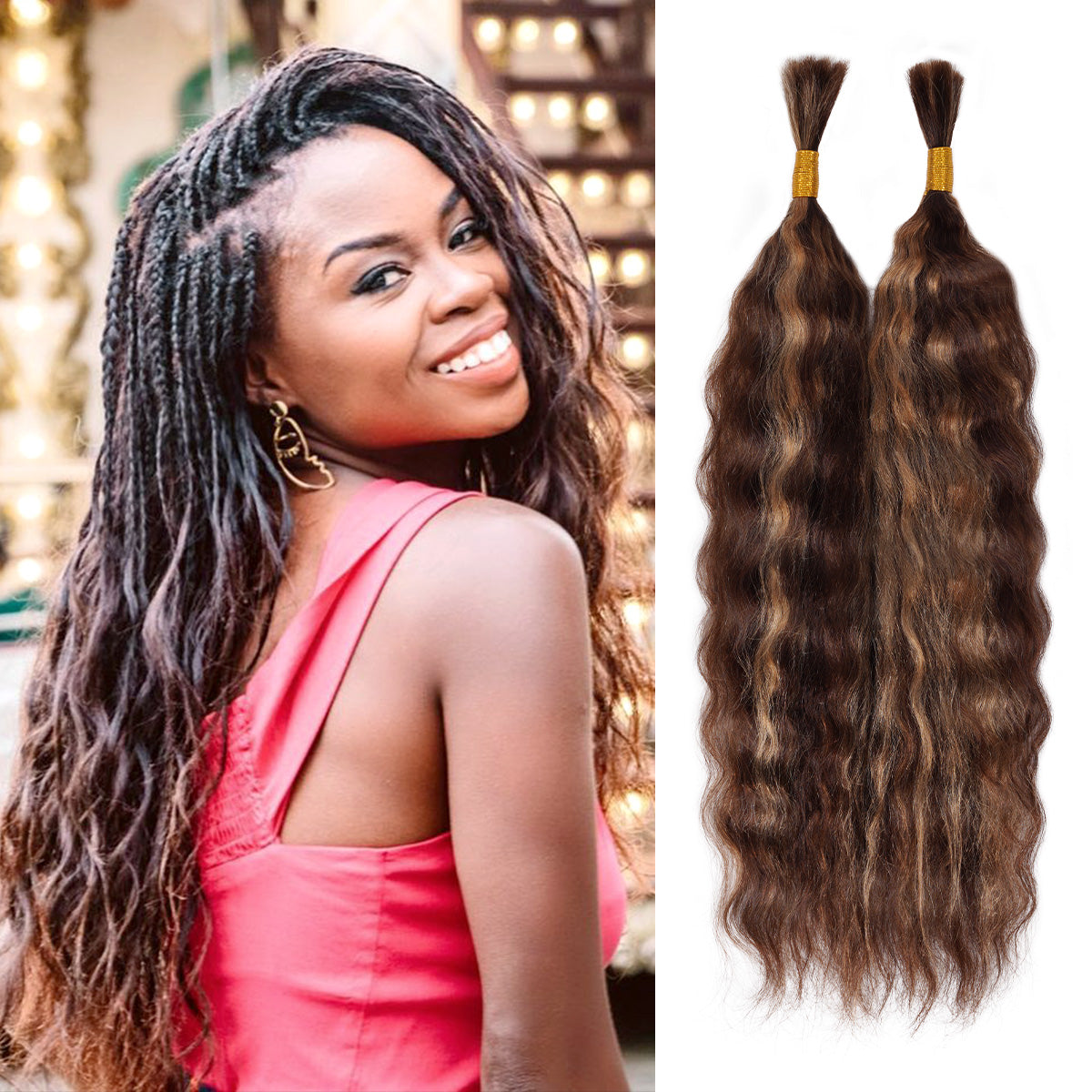 Starlet 100% Virgin Unprocessed Human Braiding Hair 4/27 Caramel Brown Highlight Wet & Wavy Super Bulk