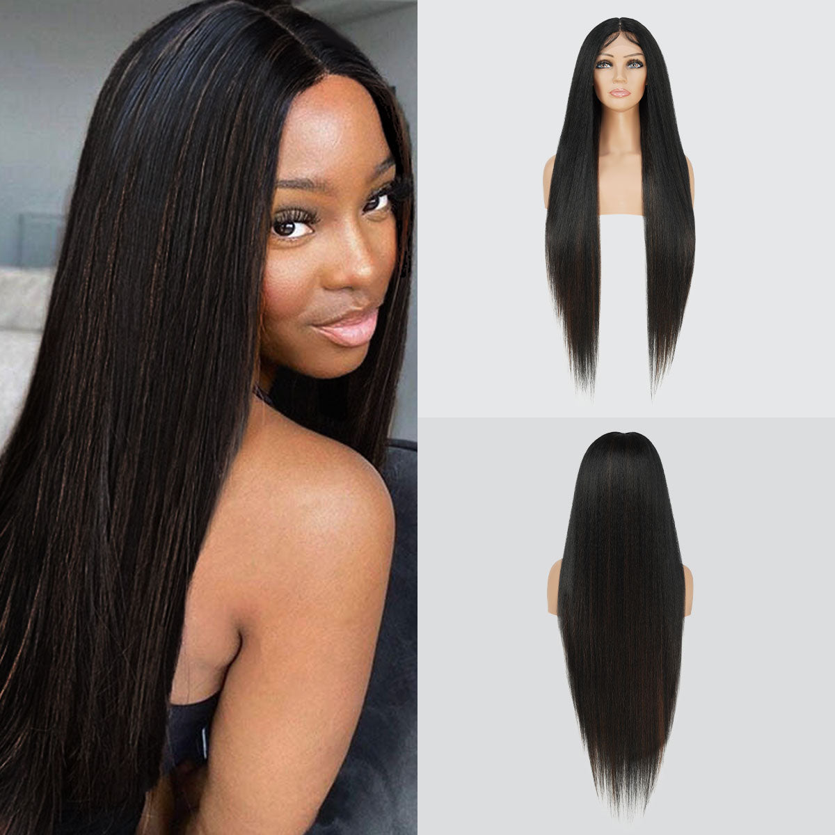 Introducing our stunning 36-inch waist-length straight Swiss lace front wig! Made with heat-resistant synthetic fibers, this wig offers a natural-looking hairline with a 4.5" deep middle center part design, perfect for black women. The soft Swiss lace front ensures comfort and security, while adjustable straps allow for a customizable fit. Elevate your style and enhance your beauty effortlessly with this must-have wig. Shop now for ultimate style and versatility!