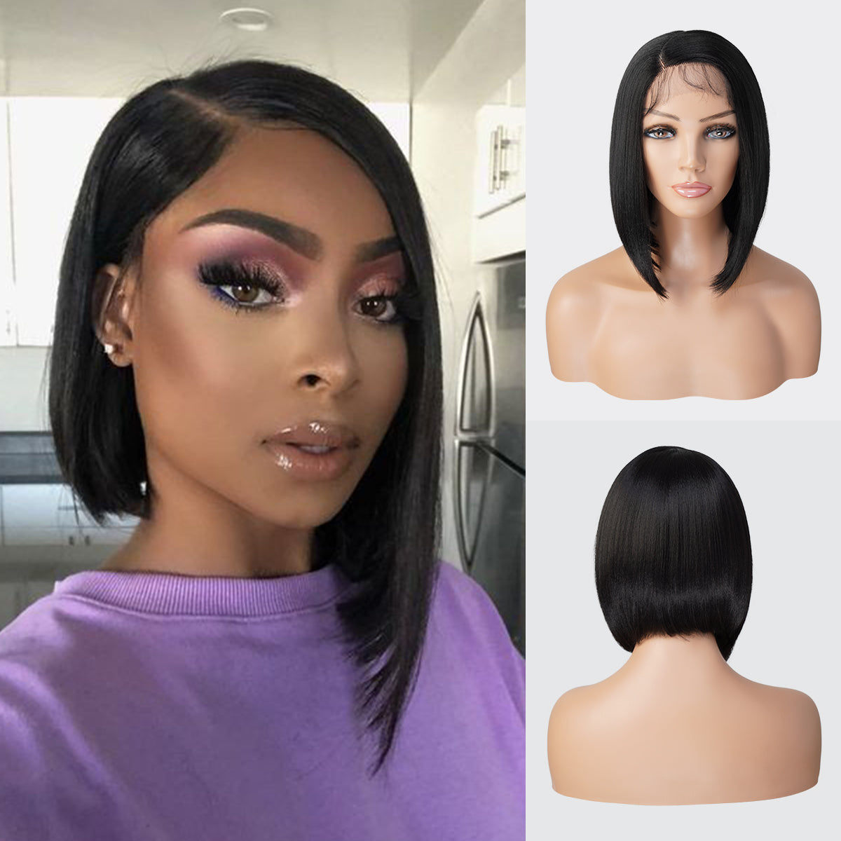 Introducing our medium asymmetrical bob straight lace front wig! Designed for black women, this wig features a deep side part for a natural-looking hairline. Made with high heat-resistant synthetic fibers, it's easy to style and maintain. Perfect for any occasion, this wig is a must-have for a style change. Shop now for ultimate style and sophistication!