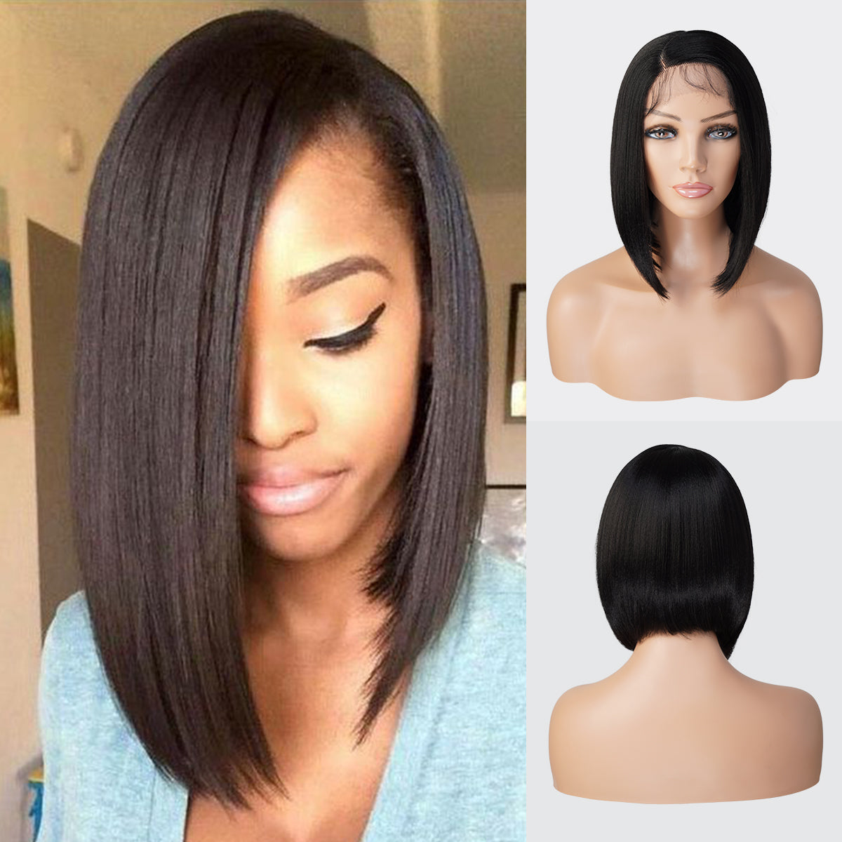 Introducing our medium asymmetrical bob straight lace front wig! Designed for black women, this wig features a deep side part for a natural-looking hairline. Made with high heat-resistant synthetic fibers, it's easy to style and maintain. Perfect for any occasion, this wig is a must-have for a style change. Shop now for ultimate style and sophistication!