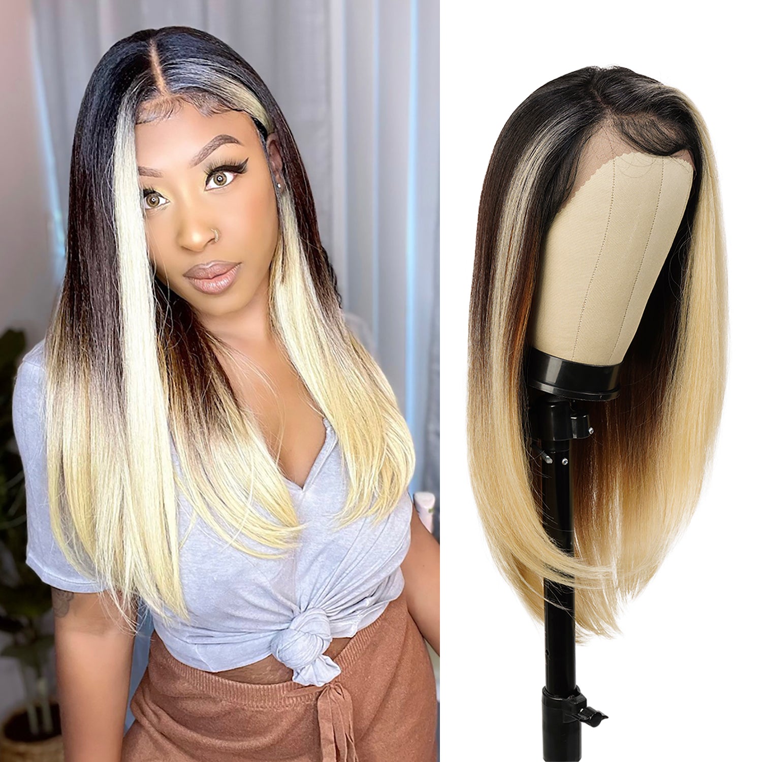 Multi-Parting, 13X6, Human Hair Blend, Frontal Wig, Invisible Lace, Pre-Plucked, Long Straight Wig, 