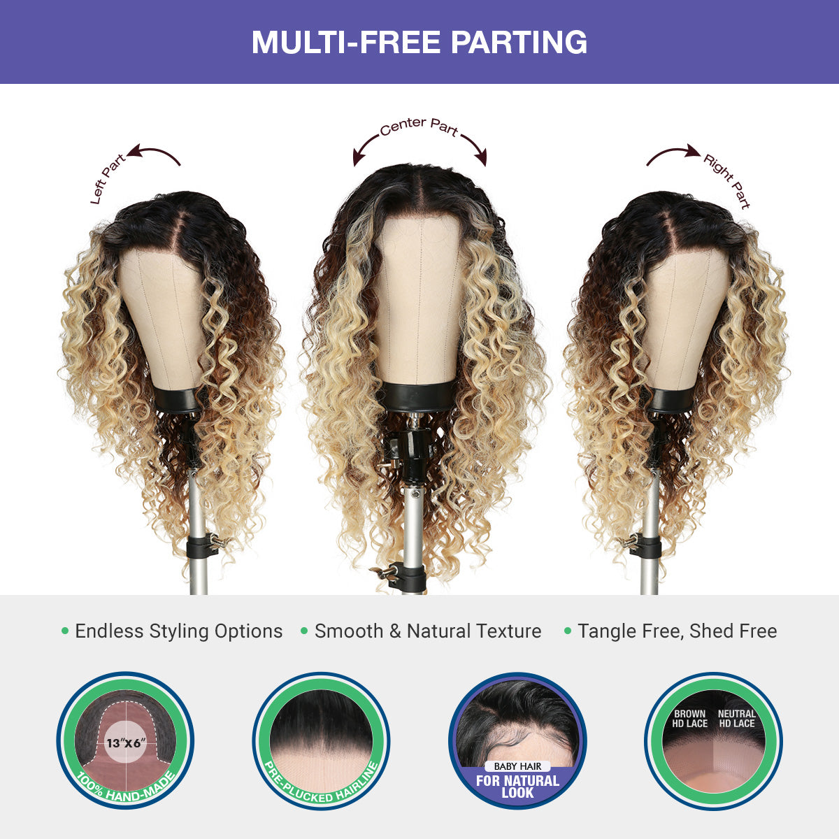 Multi-Parting, 13X6, Human Hair Blend, Frontal Wig, Invisible Lace, Pre-Plucked, Curly Wig, Rodded Curls, Ringlet Curl Pattern, Layered Curly Wig, Volume Wigs,