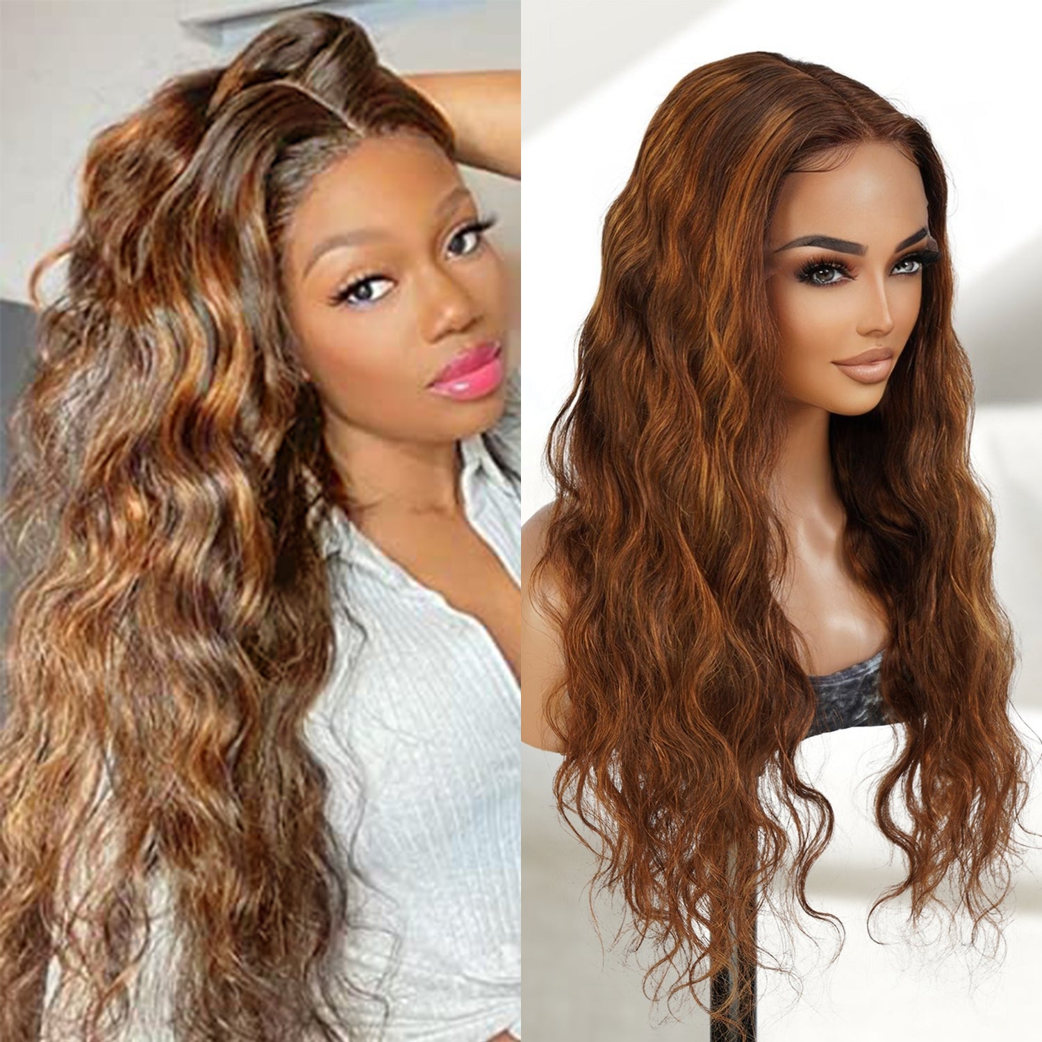 150% Density Body Wave T-Part Transparent Lace Front Human Hair Wigs, It's already colored by professional to prevent and minimize any damages to your precious wigs, Pre-bleached and Pre-colored with Balayage Highlight 4/27 by expert, Colored wig for the fall season