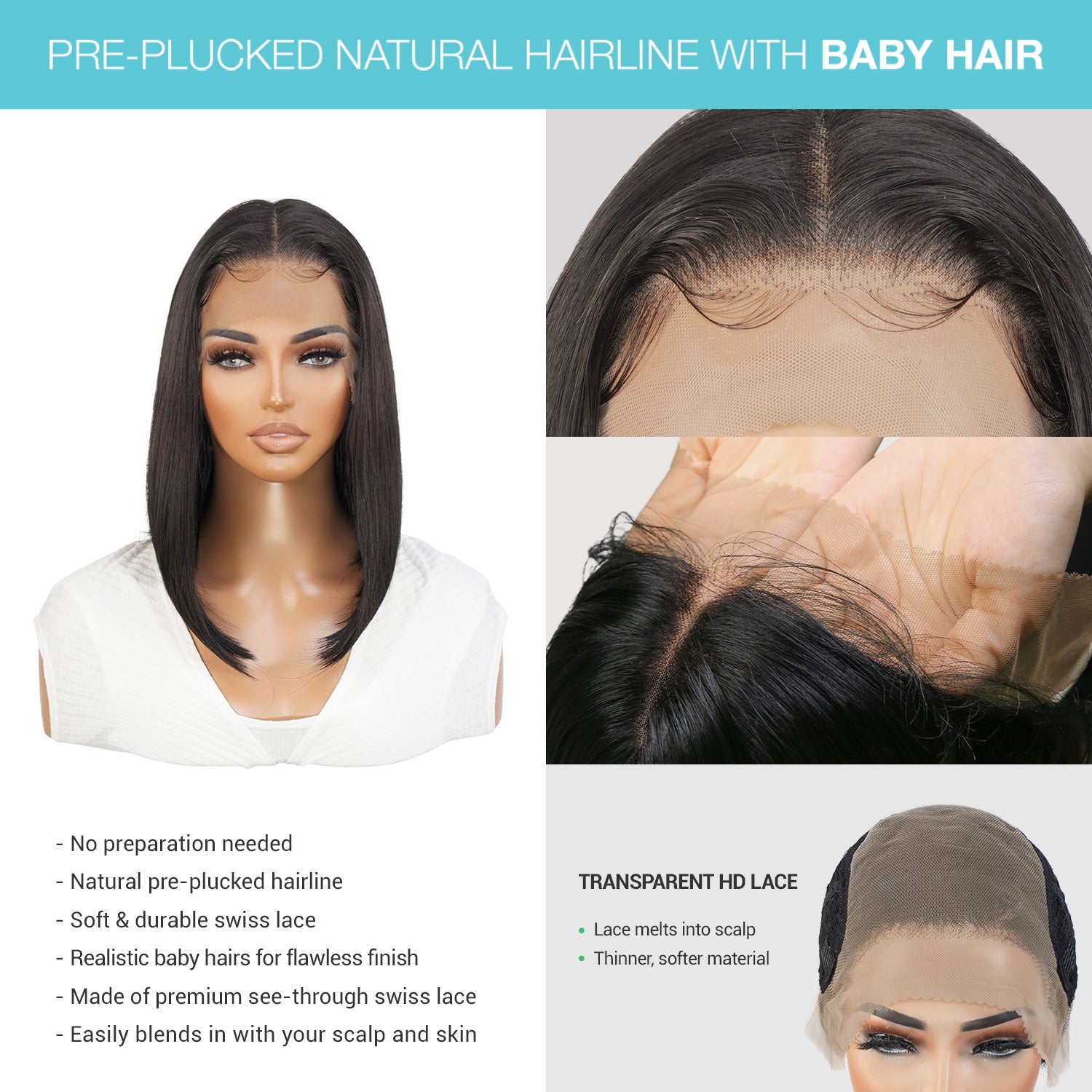 Multi-Parting, 13X6, Human Hair Blend, Frontal Wig, Invisible Lace, Pre-Plucked, Long Angled Bob, Shoulder-Length Bob,