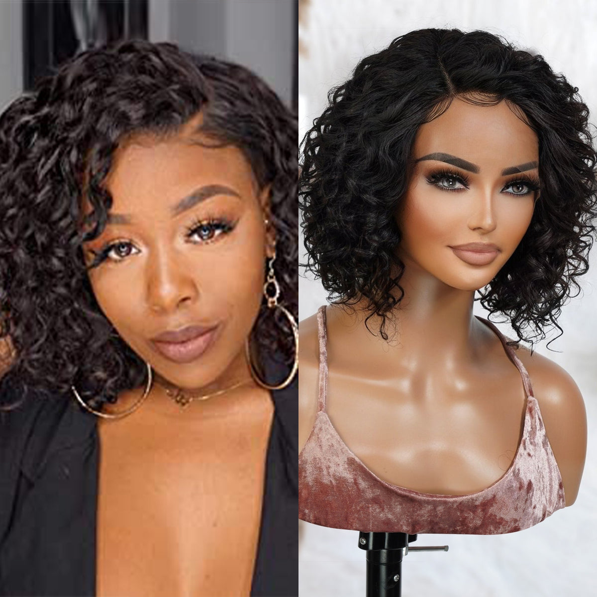 Shop affordable human hair wig. Center part short human hair bob lace front wigs made with Unprocessed Virgin Human hair, It has natural hairline which can be customized, Fits All Face Shapes. Glueless Minimalist Lace Bob Wig, Short curly bob is perfect for everyday use or any other special occasion, Ready-to-wear, Durable HD Lace that blend in perfectly