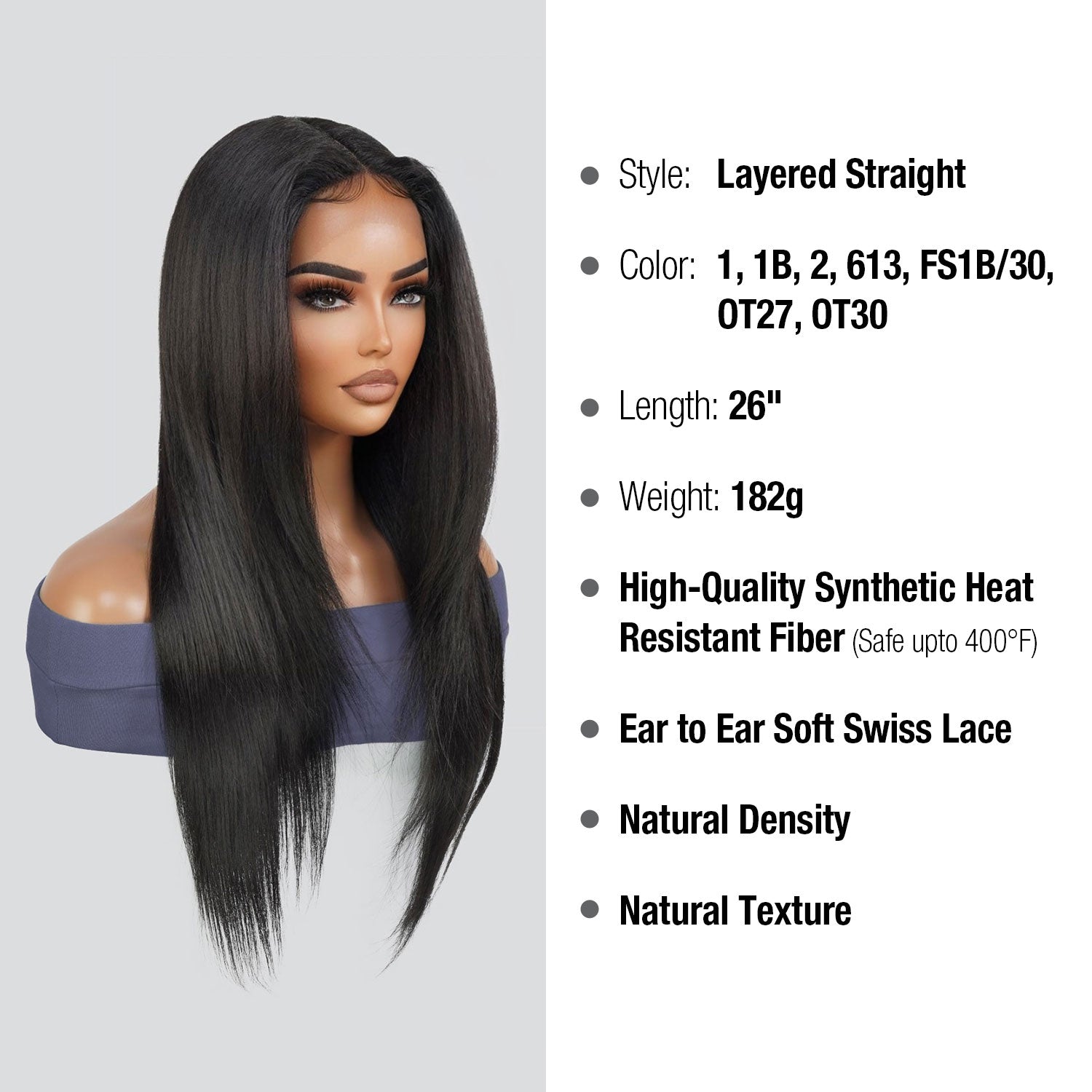 Introducing our stylish 26-inch waist-length straight lace front wig! Crafted with premium synthetic fibers, this wig guarantees a sleek and sophisticated appearance for any event. Its lace front design creates a natural hairline, and adjustable straps provide a secure and comfortable fit. Elevate your style or enhance your natural beauty with this essential wig. Shop now for the ultimate in style and versatility.