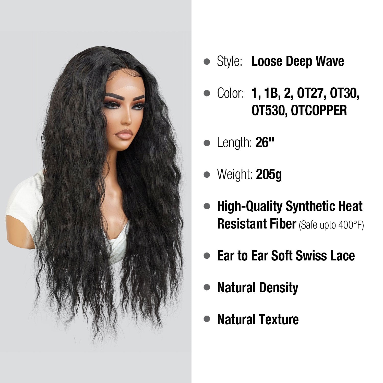 Introducing our long wavy loose deep wave Soft Swiss lace front wig! Made with high-quality heat-resistant synthetic fibers, this wig features a 4.5" deep middle center part for a natural-looking hairline. The adjustable straps provide a secure fit, while the soft Swiss lace front seamlessly blends with your natural hairline. Perfect for daily wear, cosplay, or parties. Shop now for style and versatility!