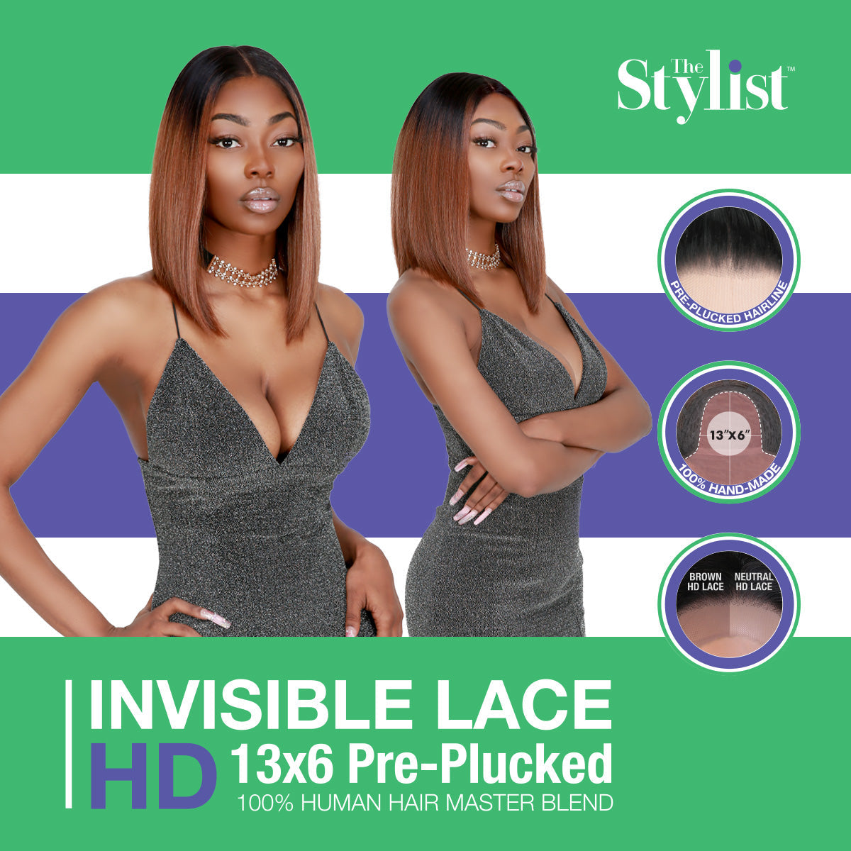 Multi-Parting, 13X6, Human Hair Blend, Frontal Wig, Invisible Lace, Pre-Plucked, Long Angled Bob, Shoulder-Length Bob,