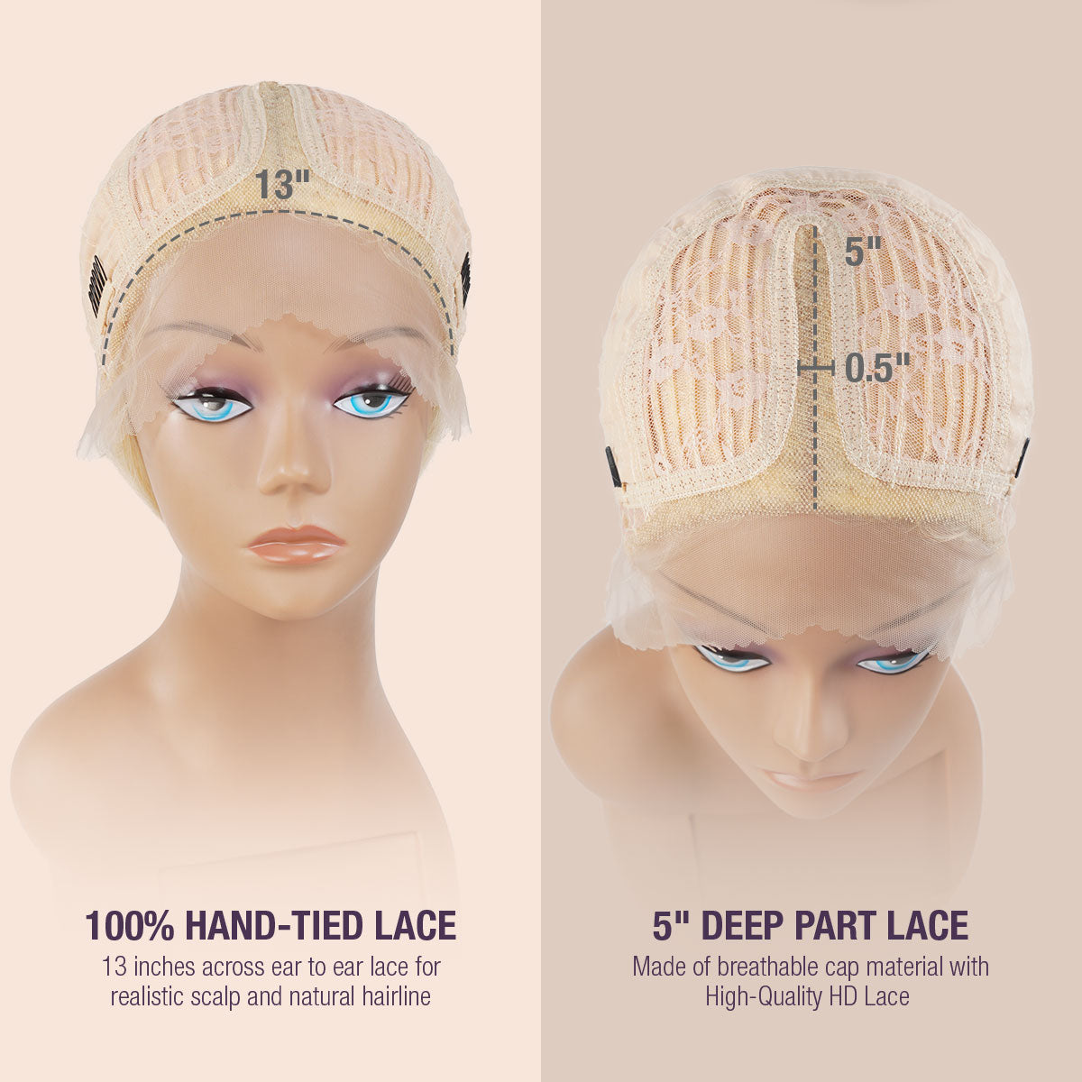 Human Hair, Lace Wig, T part, Deep part, Center Part, Middle Part, Long and Full, Natural Hairline, Fancy Look, Vacation Hairstyle, Lace Front Part 5", High quality HD Lace, 100% Hand-tied lace, 13 inches across ear to ear lace for realistic scalp and natural hairline, Made of breathable cap material with high-quality HD Lace, Cap view, Blonde, 613