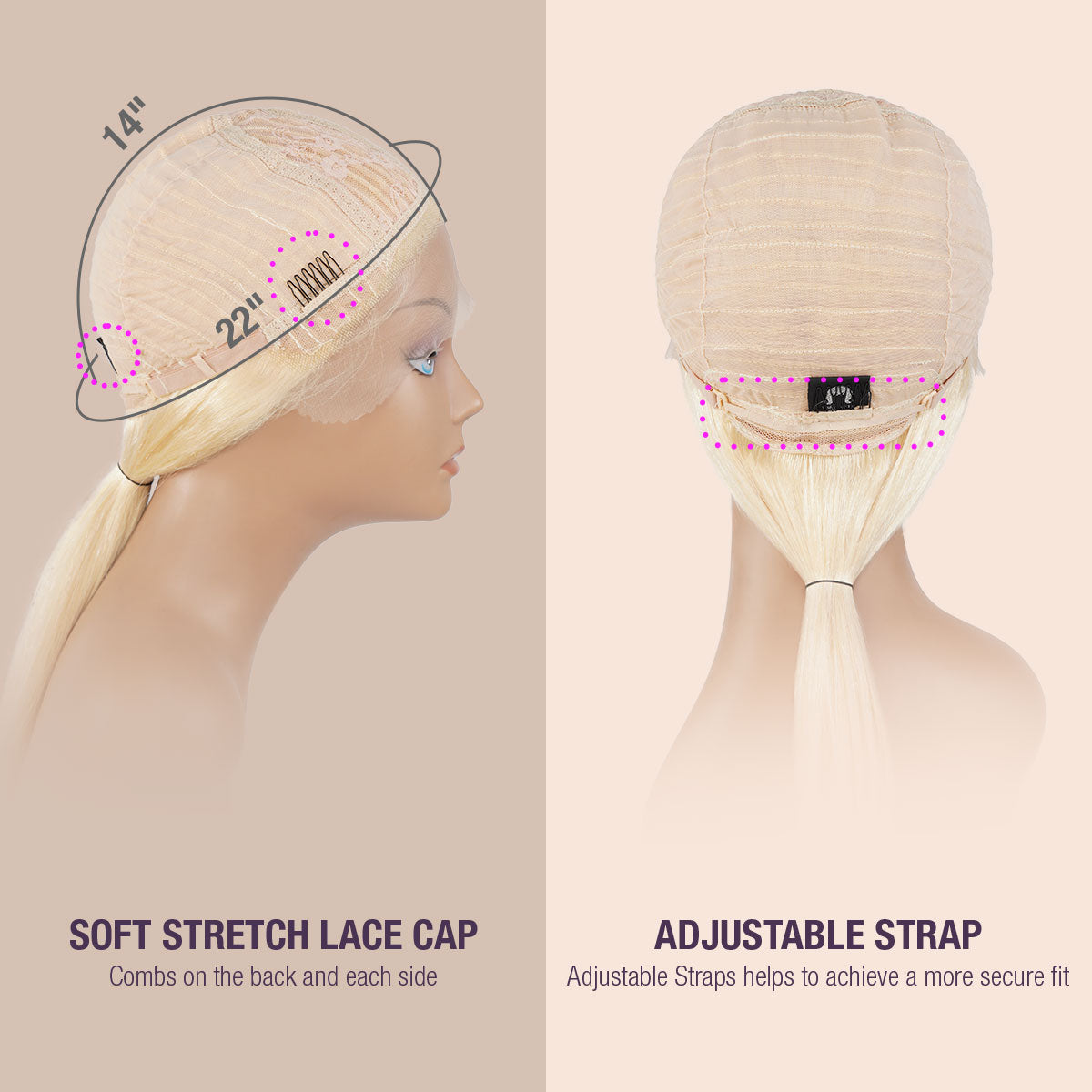 Human Hair, Lace Wig, T part, Deep part, Center Part, Middle Part, Long and Full, Natural Hairline, Fancy Look, Vacation Hairstyle, Lace Front Part 5", Soft stretch lace cap, combs on the back and each side, adjustable straps helps to achieve a more secure fit, Cap view, Blonde, 613