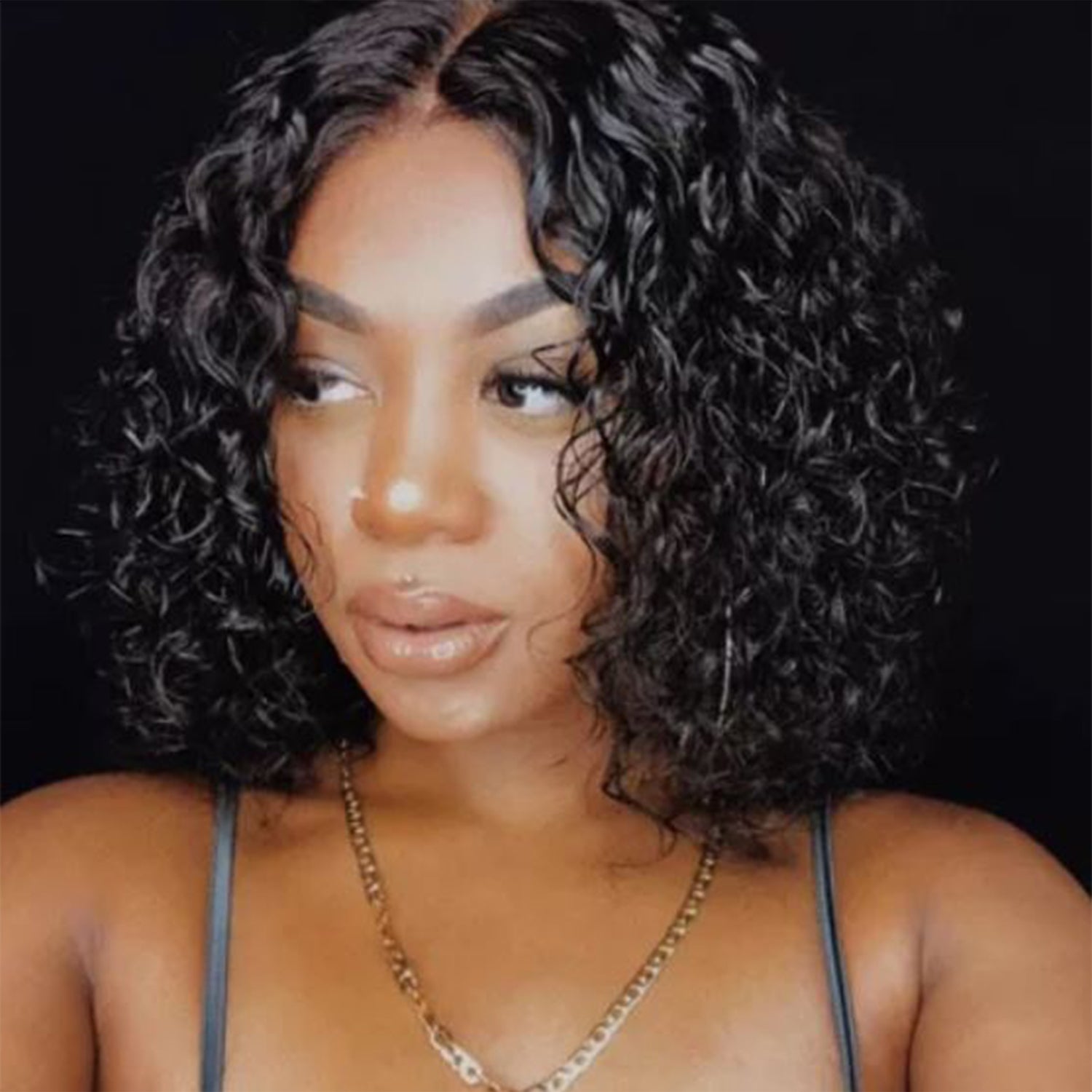 100% Virgin Remi Human Hair HD Transparent T-Part Lace Short Curly Wig Onyx