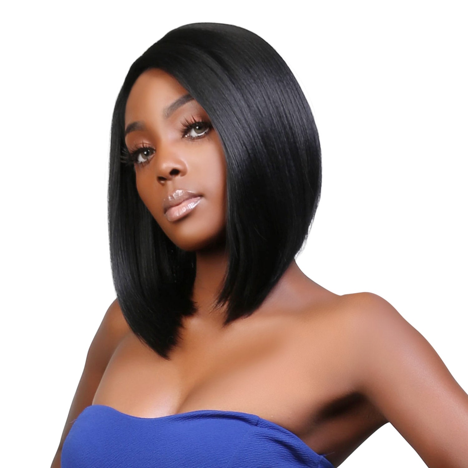 Introducing our medium asymmetrical bob straight lace front wig! Designed for black women, this wig features a deep side part for a natural-looking hairline. Made with high heat-resistant synthetic fibers, it's easy to style and maintain. Perfect for any occasion, this wig is a must-have for a style change. Shop now for ultimate style and sophistication!