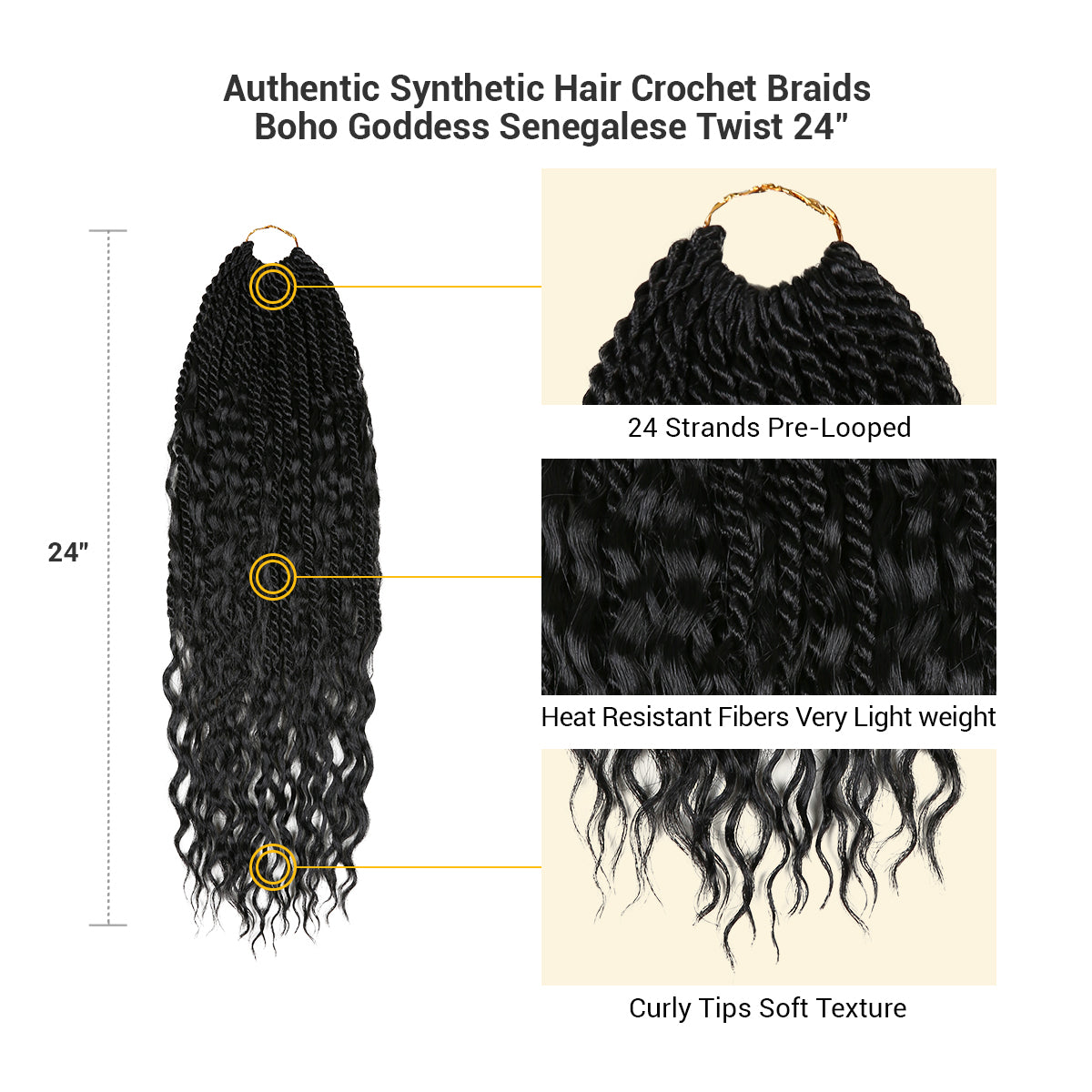 Authentic Synthetic Hair Pre-Looped Boho Goddess Senegalese Twist 24"