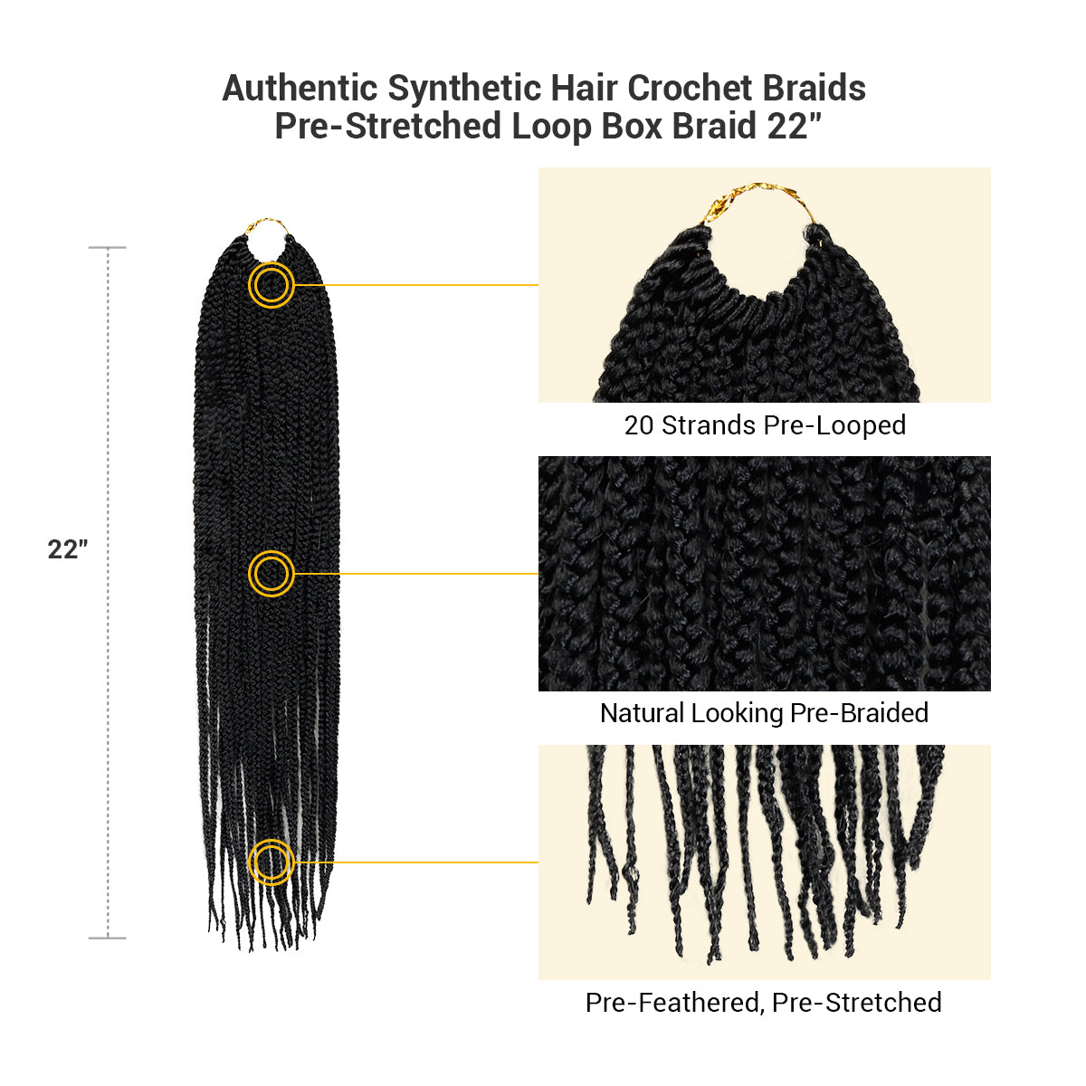 Authentic Synthetic Hair Crochet Braid Pre-Looped Box Braid 22"