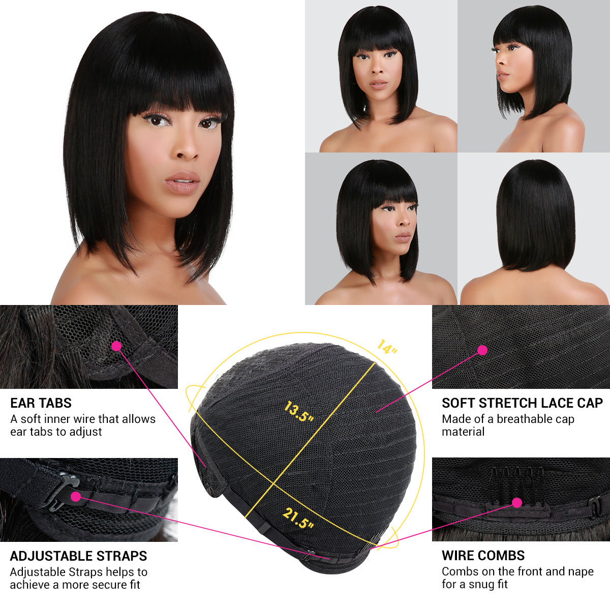 Human Hair, Wig, Medium, Bob