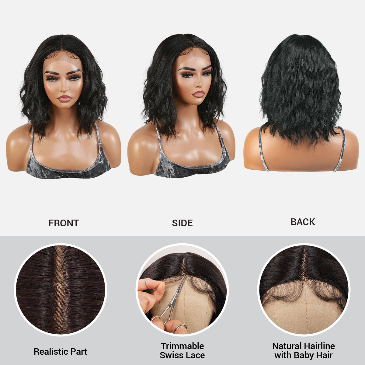 Introducing our gorgeous loose deep wave layered bob wig! Made with heat-resistant synthetic fibers, this wig features a middle part Swiss lace front for a natural-looking hairline. With a 12-inch length and curly wavy style, it adds volume and dimension to your hair. The layered bob cut adds a trendy touch. Perfect for black women, this easy-to-wear and style wig is a must-have. Shop now for ultimate style and versatility!