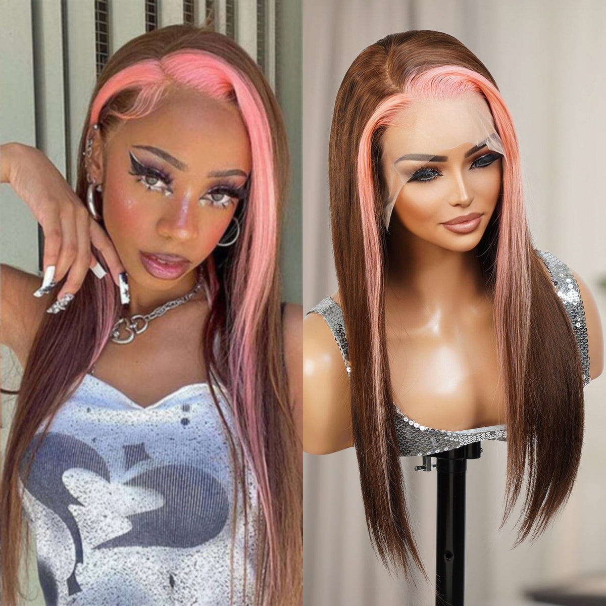 UpScale 100% Human Hair Glueless Pre Plucked 13x6 Lace Frontal Wig Pink Brown Highlight Straight 20"