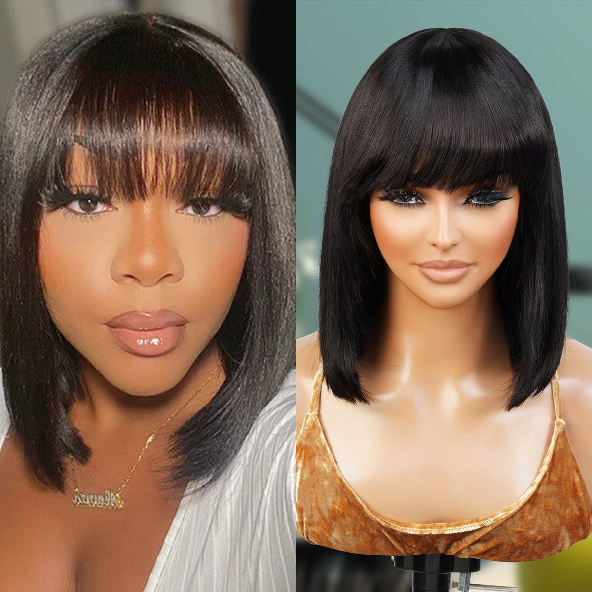 UpScale 100% Human Hair Short Bob Wigs with Bang 12"