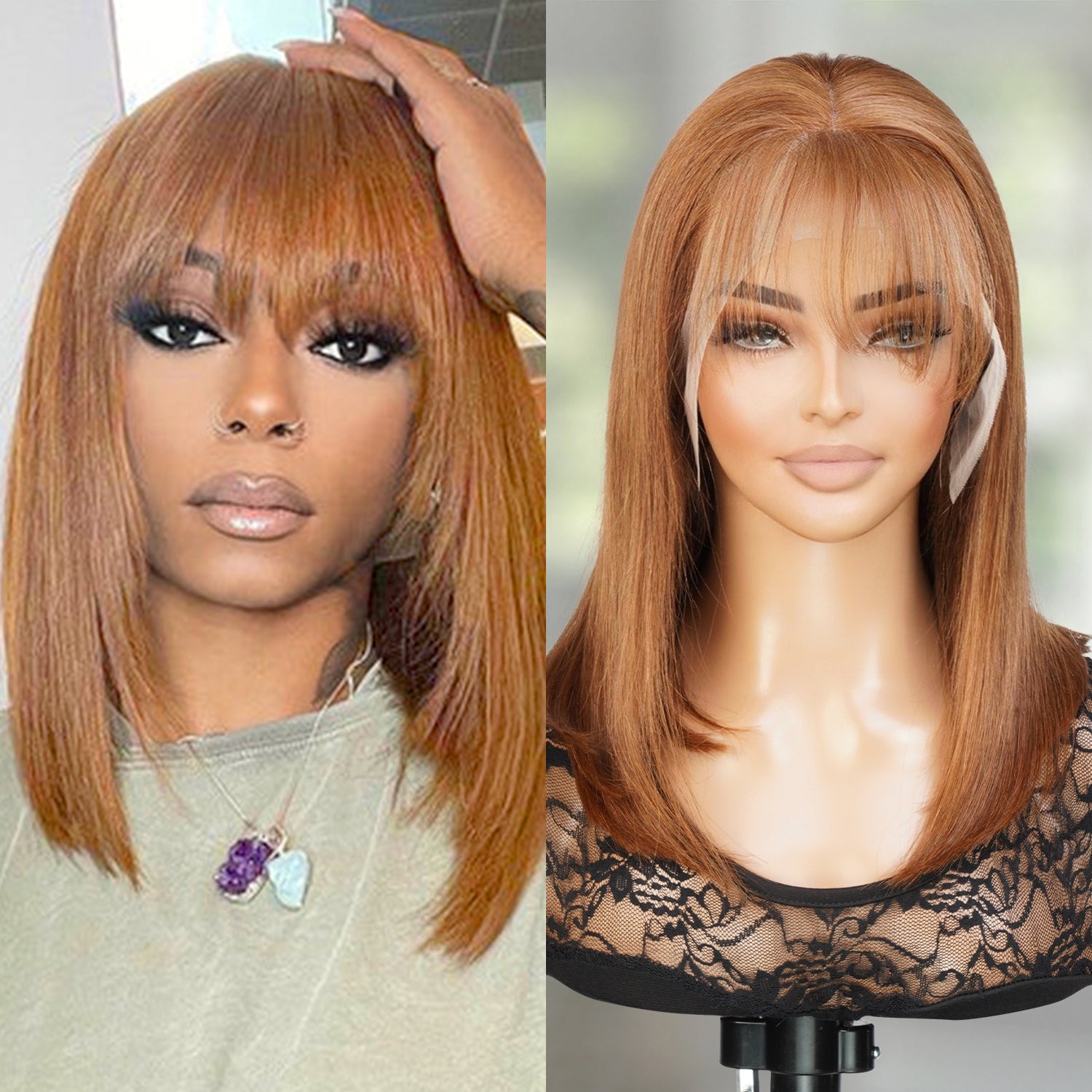 UpScale 100% Human Hair Glueless Pre Plucked 13x4 Lace Frontal Wig Honey Brown Layered Bob with Bang 14"