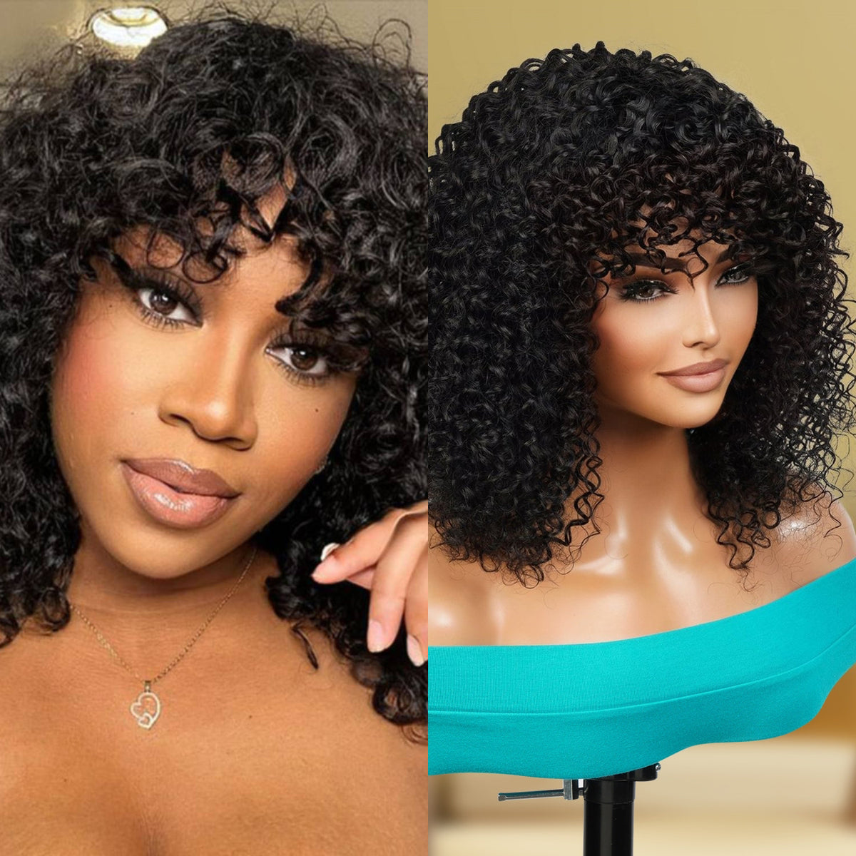 UpScale 100% Human Hair Wear and Go Short Curly Bob with Bang 16"