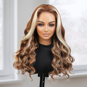 UpScale 100% Human Hair Wear and Go Pre Cut Pre Plucked Glueless 5x5 Closure Wig Honey Blonde Highlight Body Wave 20"