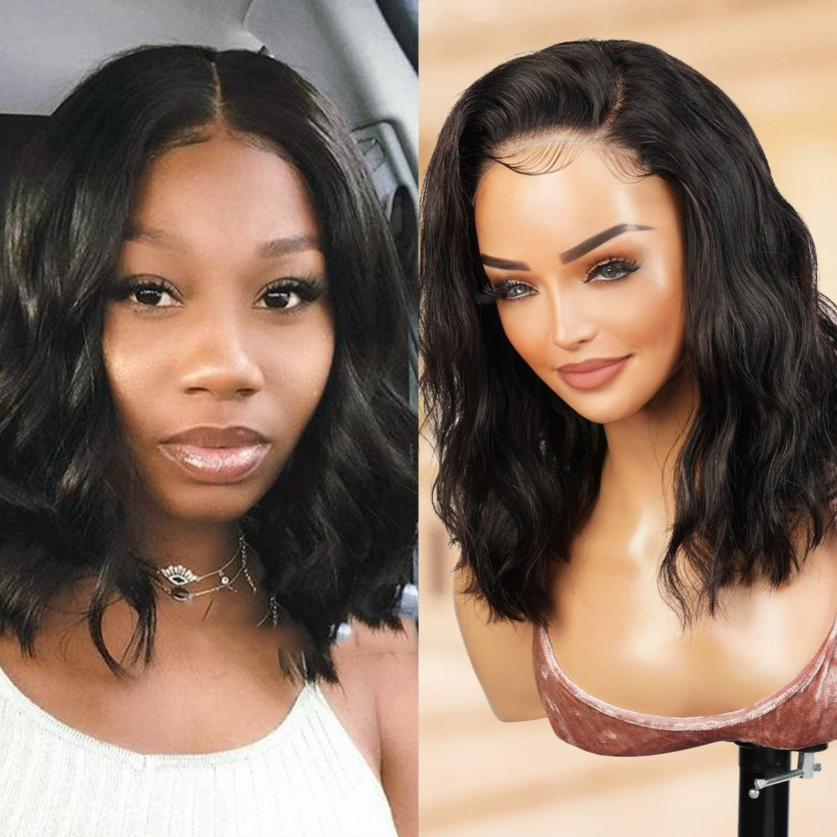 100% Human Hair Wear and Go Pre Cut Pre Plucked Glueless 5x5 Lace Wig Natural wave bob 12"