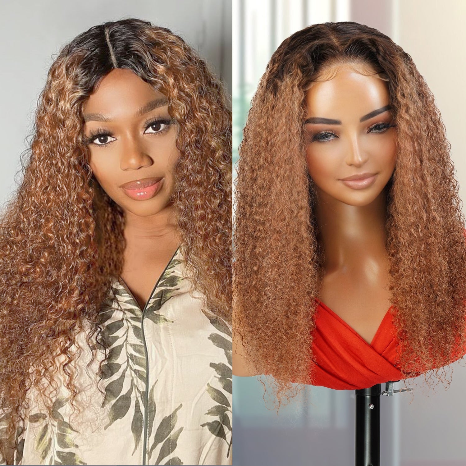 Wear and Go Pre Cut Glueless 100% Virgin Human Hair 5x5 Lace Wig T4/30 Jerry Curl 18"