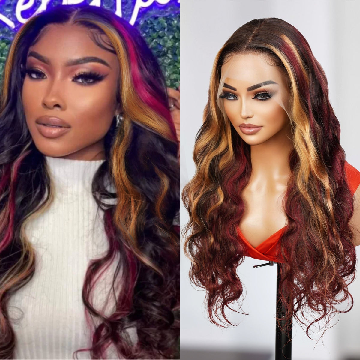 UpScale 100% Human Hair Glueless Pre Plucked 13x6 Lace Frontal Wig Red Blonde Highlight Body Wave 24"