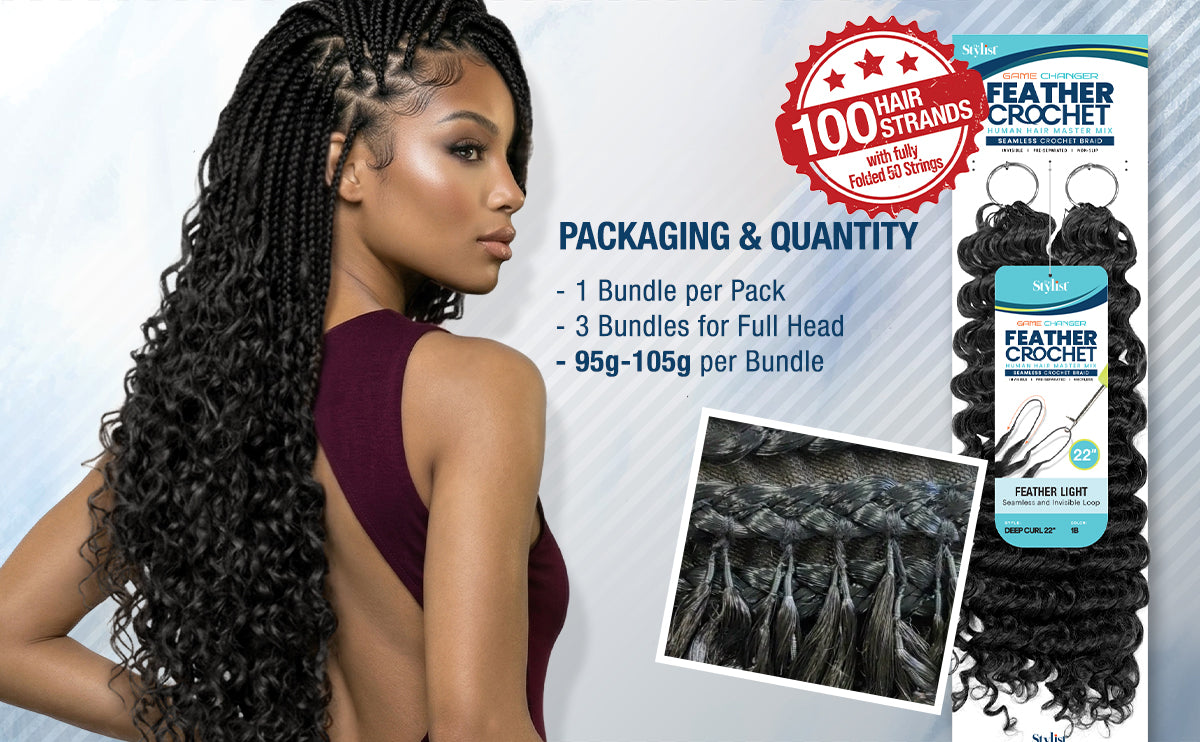 The Stylist Game Changer Human Hair Blend Feather Crochet Deep Curl 22" (100 Strands/ 50 Strings)