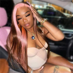UpScale 100% Human Hair Glueless Pre Plucked 13x6 Lace Frontal Wig Pink Brown Highlight Straight 20"