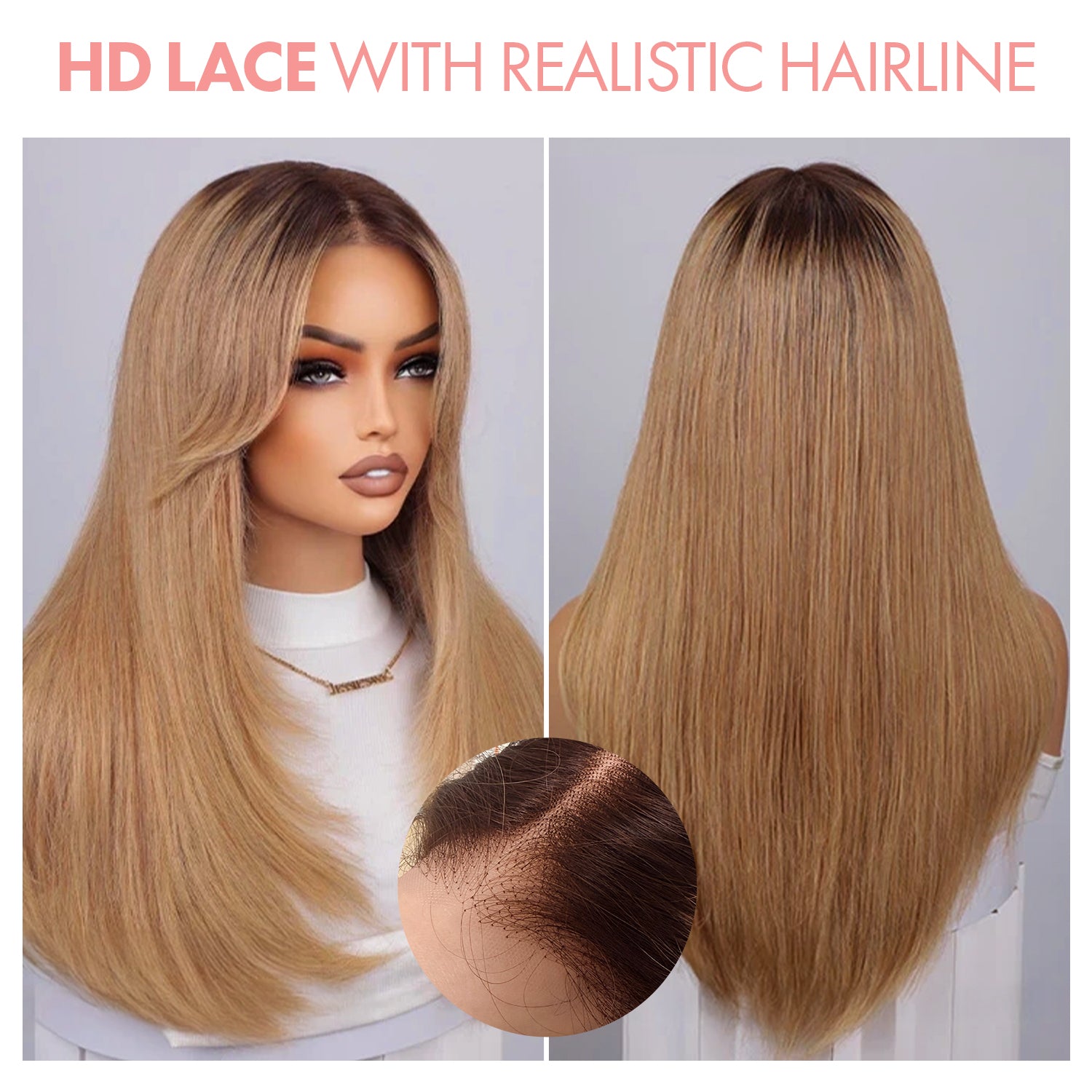 100% Human Hair Wear and Go Pre Cut Pre Plucked Glueless 7x5 Closure Wig Layered Blow Out with Curtain Bangs T4/27 Ombre Light Brown Honey 18"