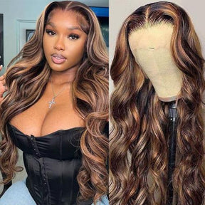 UpScale 100% Human Hair Glueless Pre Plucked 13x4 Lace Frontal Wig Balayage Blonde Highlight Body Wave 24"